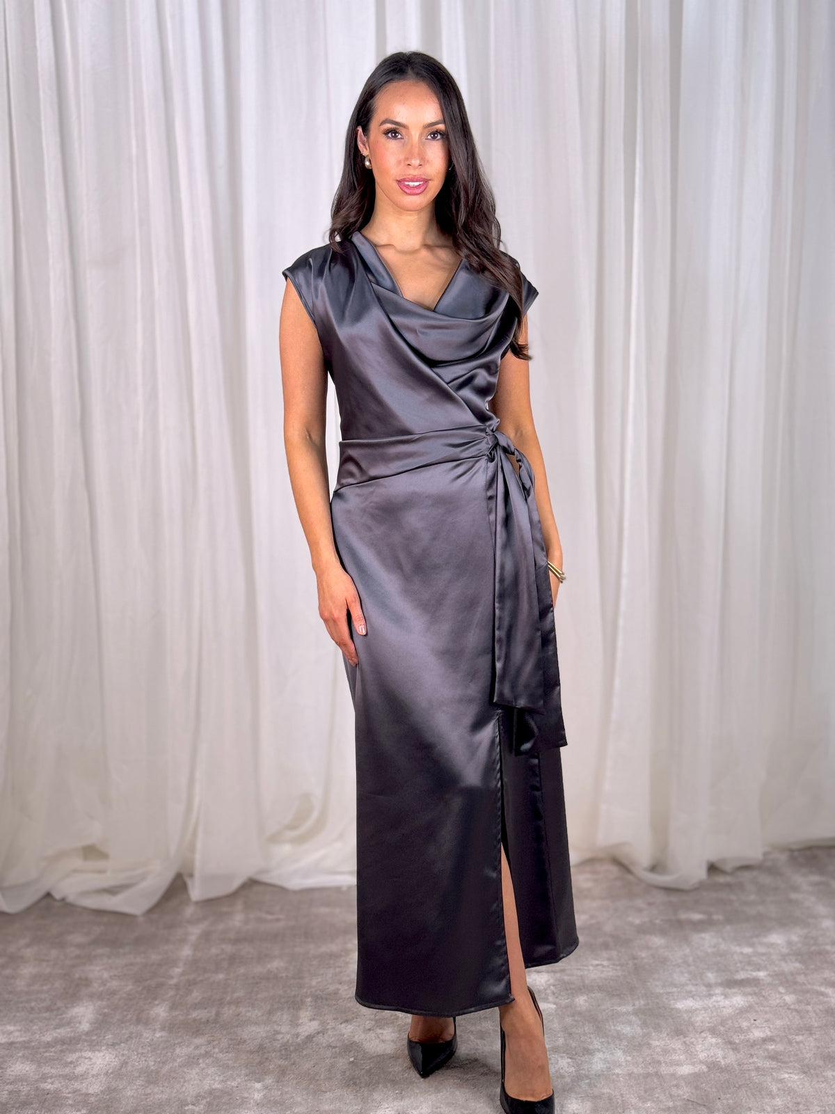 Pia Drape Front Dress In Charcoal