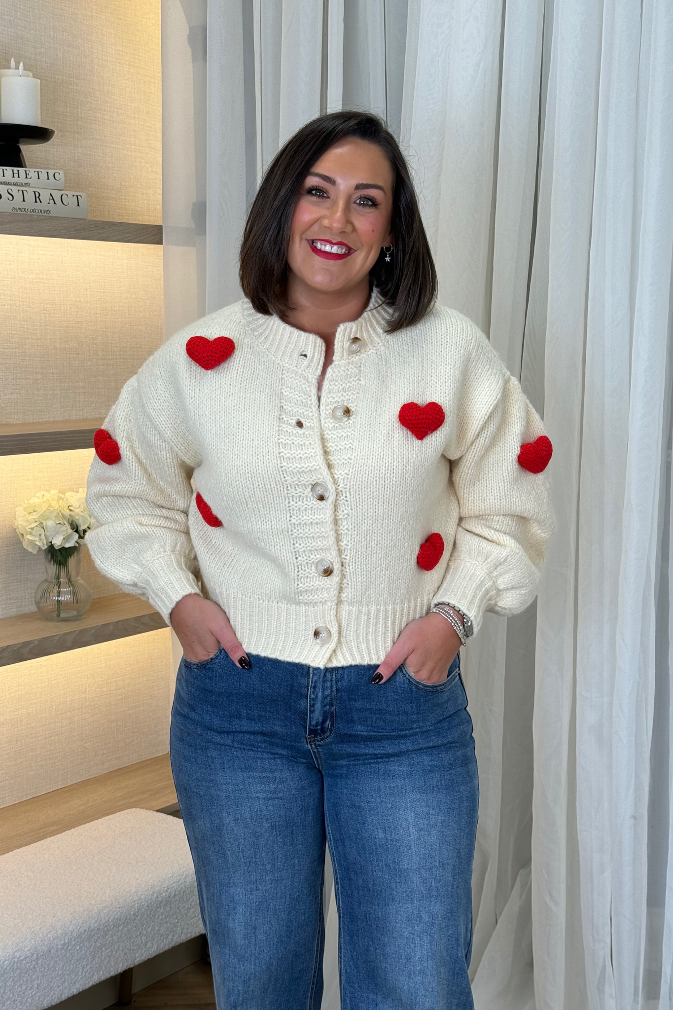 Holly Heart Appliqué Cardigan In Cream