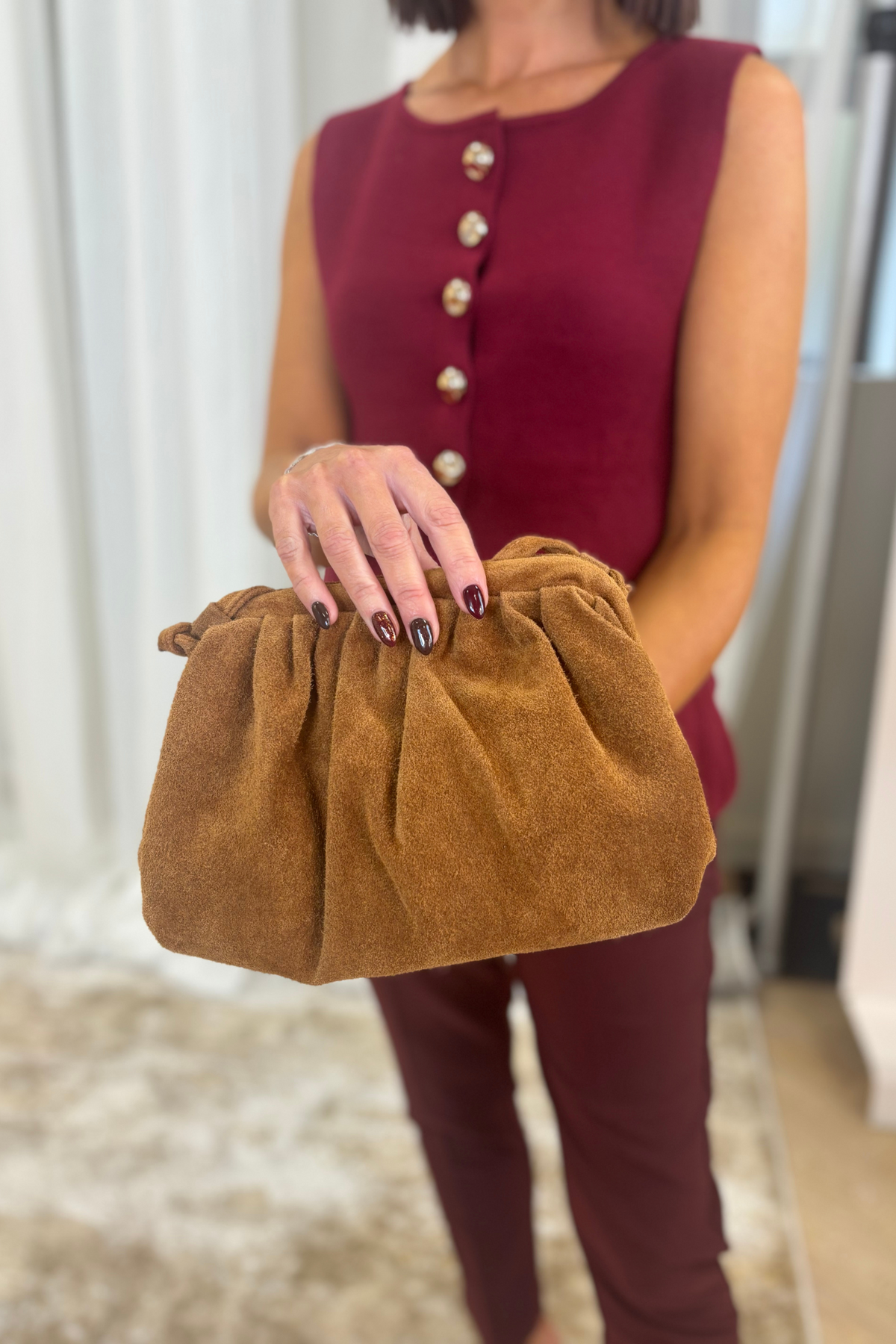 Polly Suede Clutch Bag In Camel