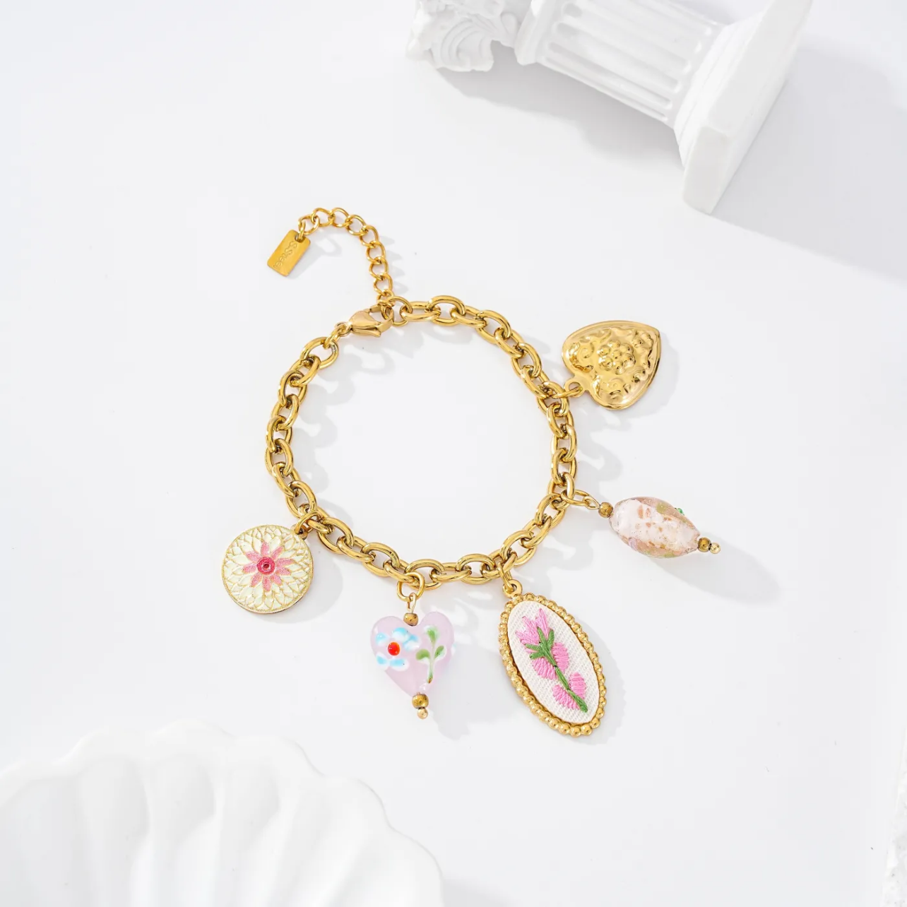 Olive Pink Floral Charm Bracelet In Gold