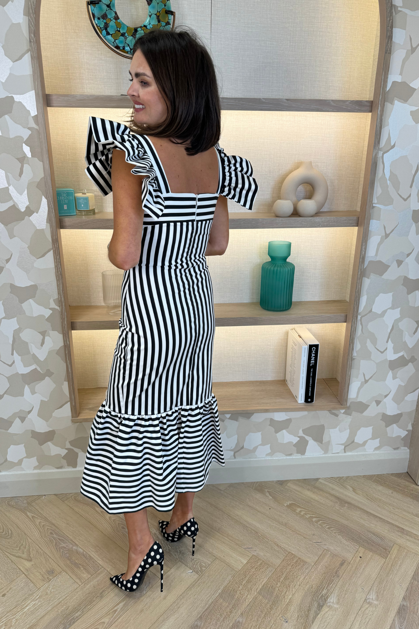 Sienna Frill Shoulder Dress In Monochrome Stripe