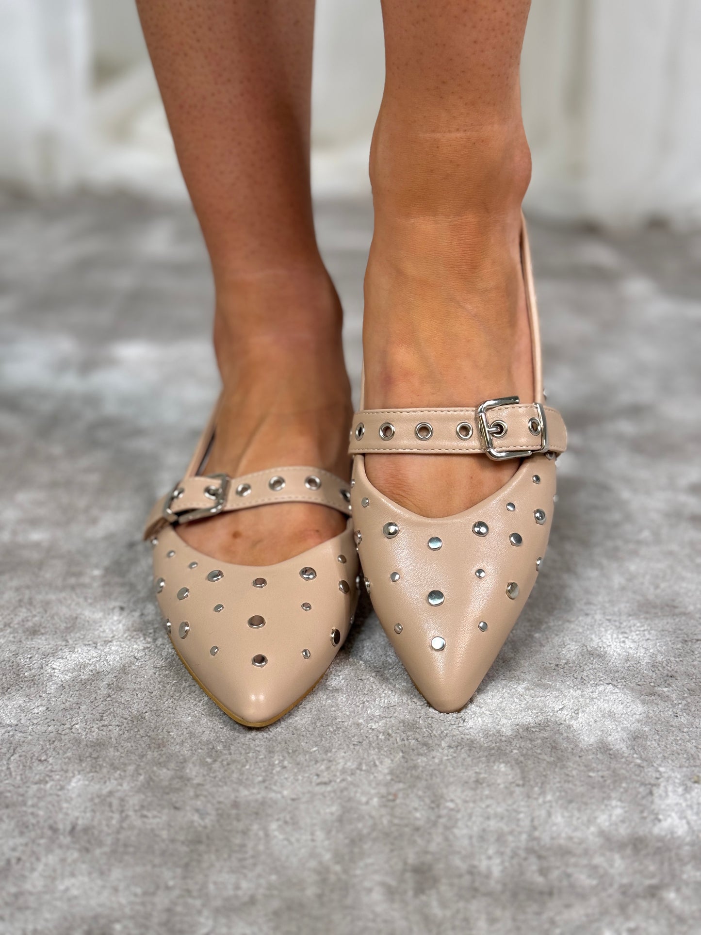 Cathy Embellished Buckle Flats In Neutral