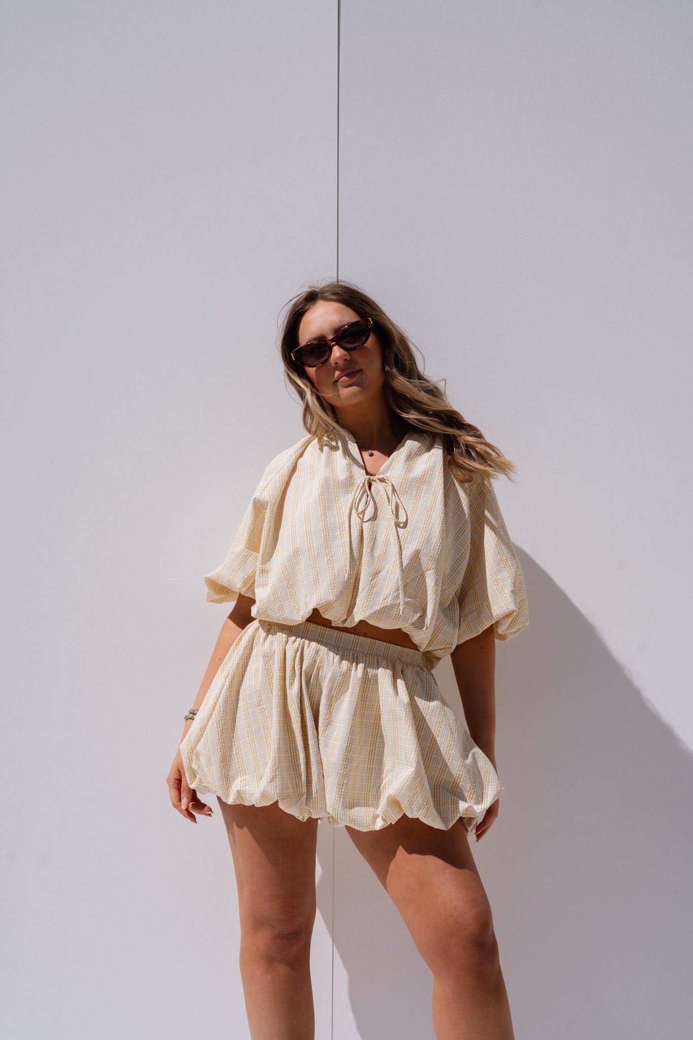 Iris Bubble Hem Shorts In Beige Stripe