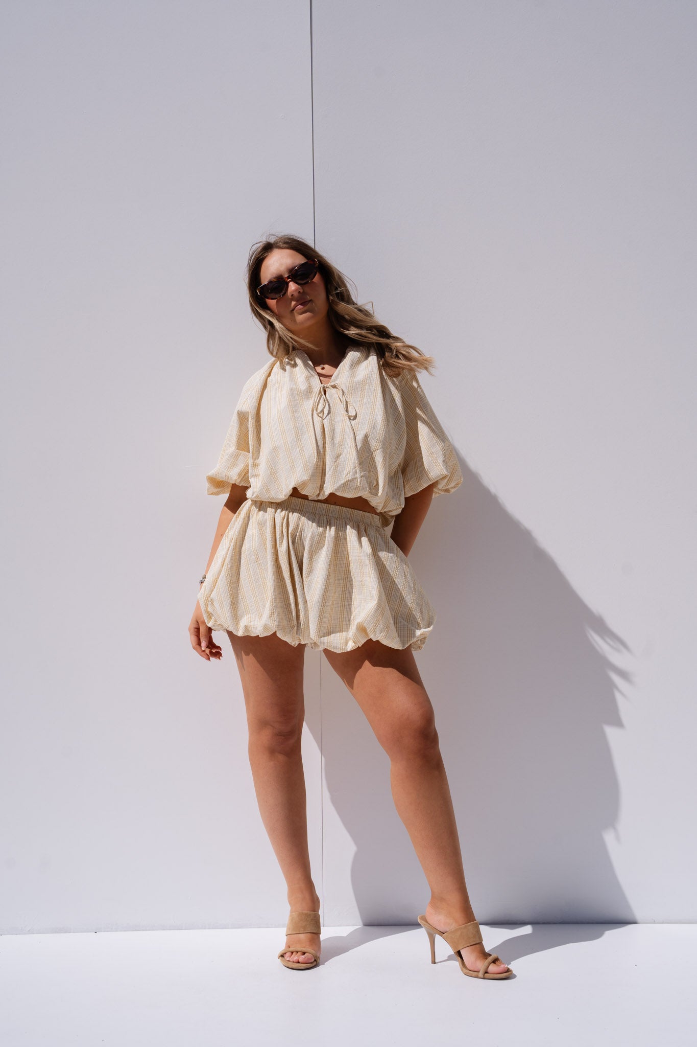 Iris Bubble Hem Top In Beige Stripe