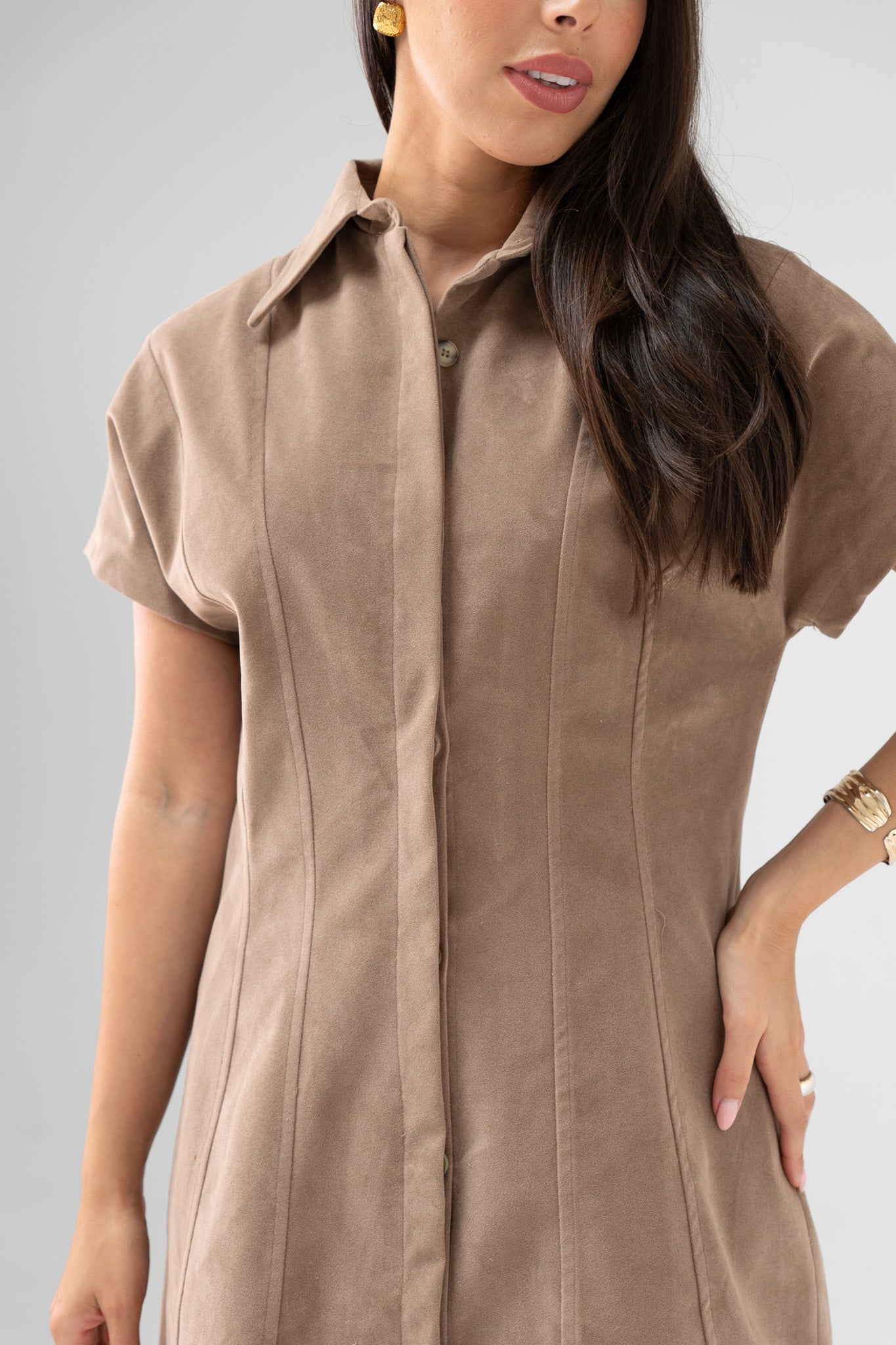 Iris Faux Suede Dress In Taupe