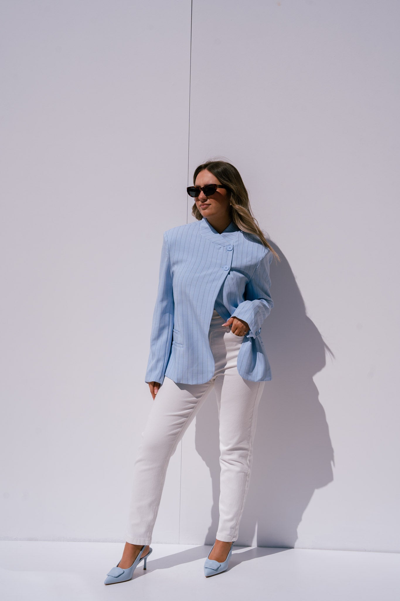 Iris High Collar Pinstripe Blazer In Blue