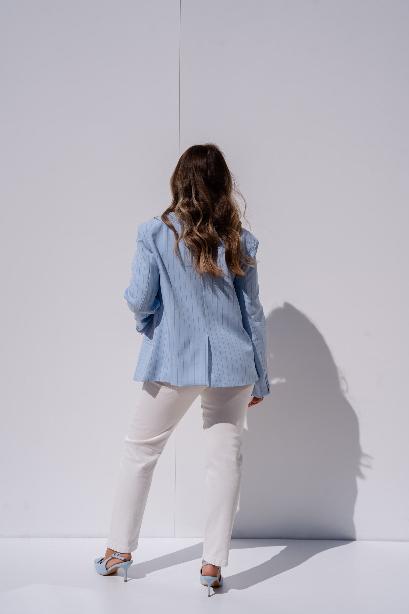 Iris High Collar Pinstripe Blazer In Blue