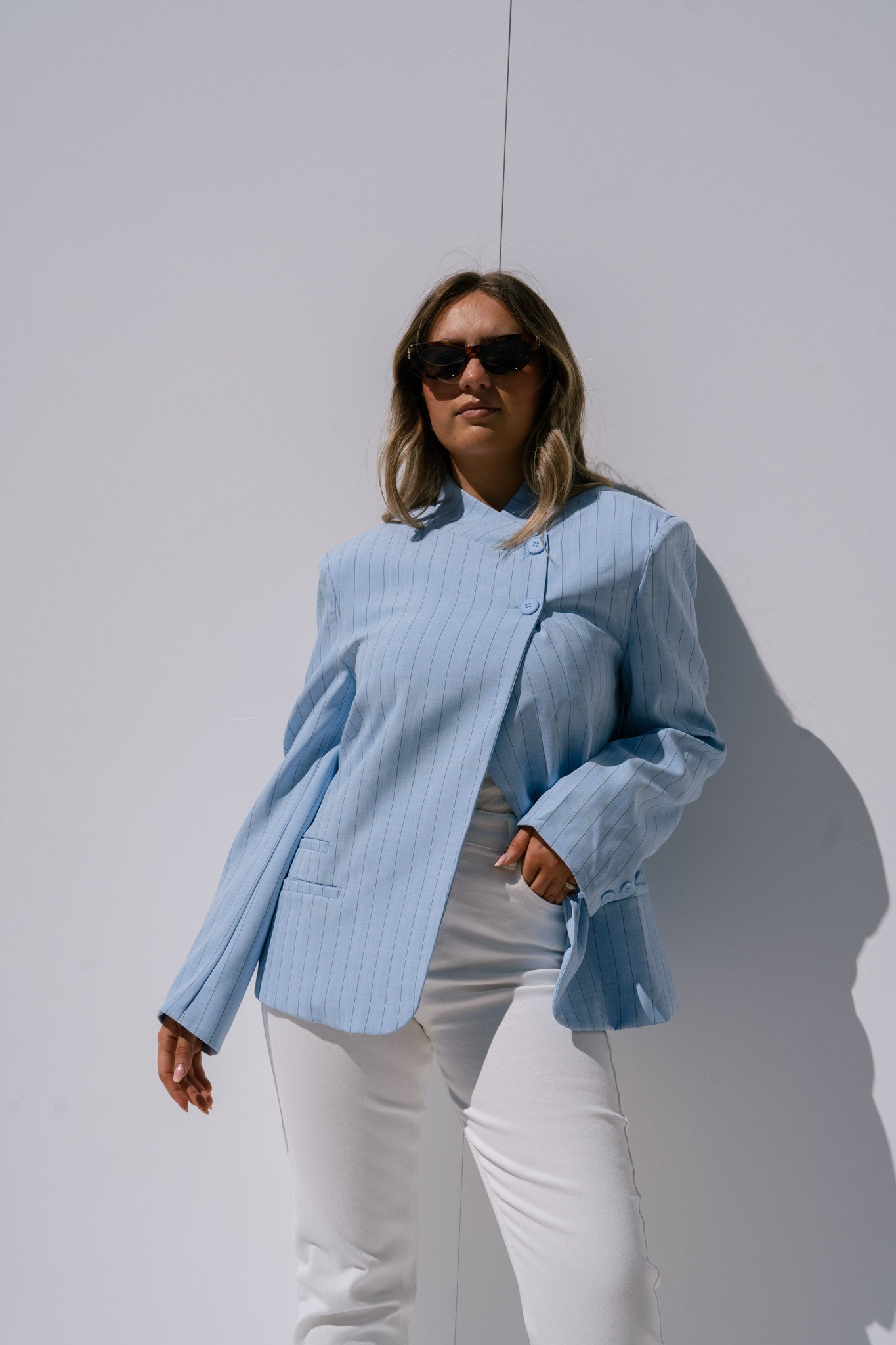 Iris High Collar Pinstripe Blazer In Blue
