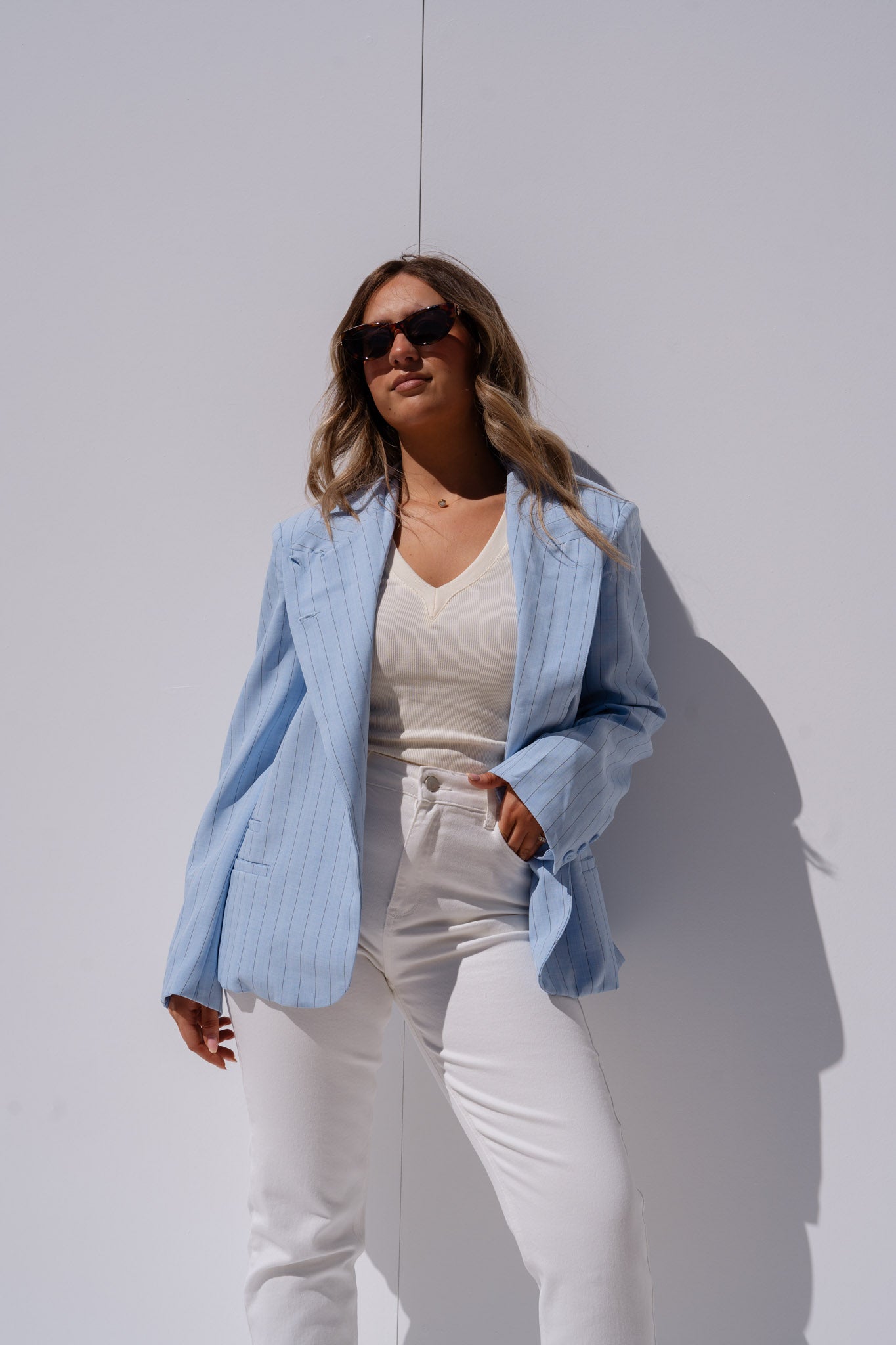 Iris High Collar Pinstripe Blazer In Blue