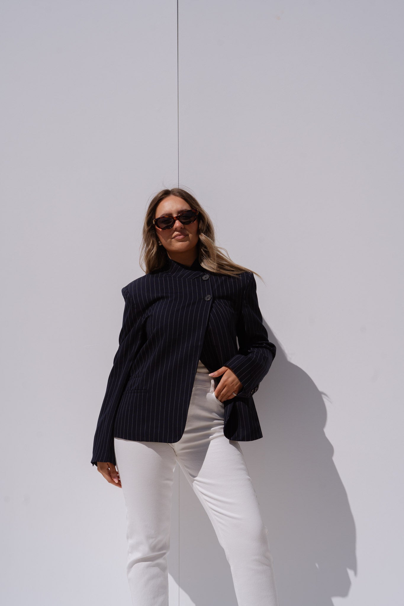 Iris High Collar Pinstripe Blazer In Navy