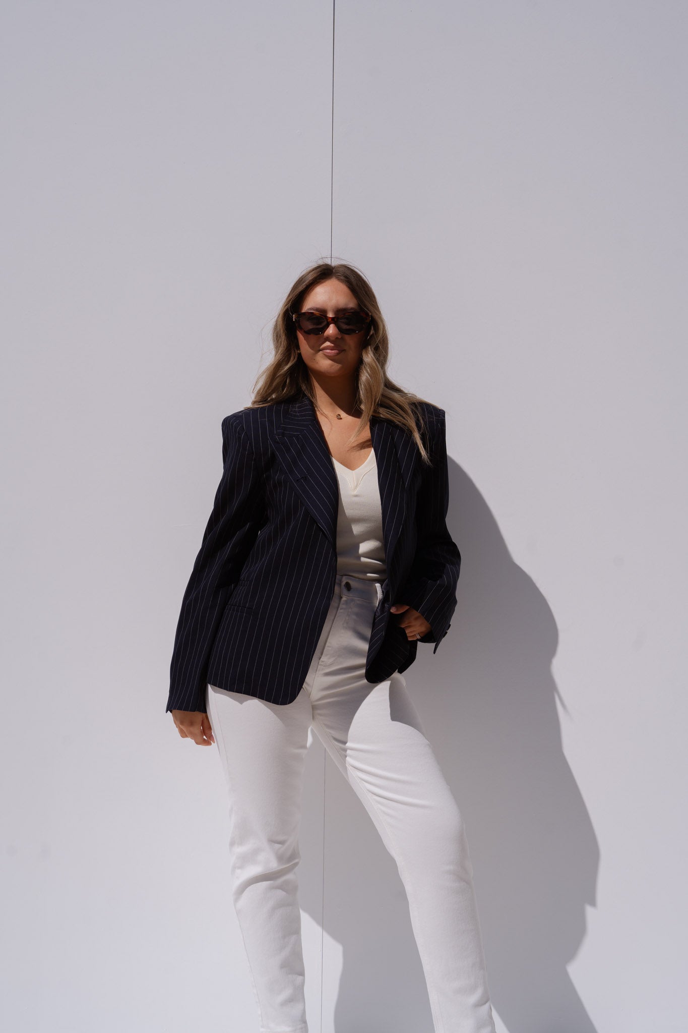 Iris High Collar Pinstripe Blazer In Navy