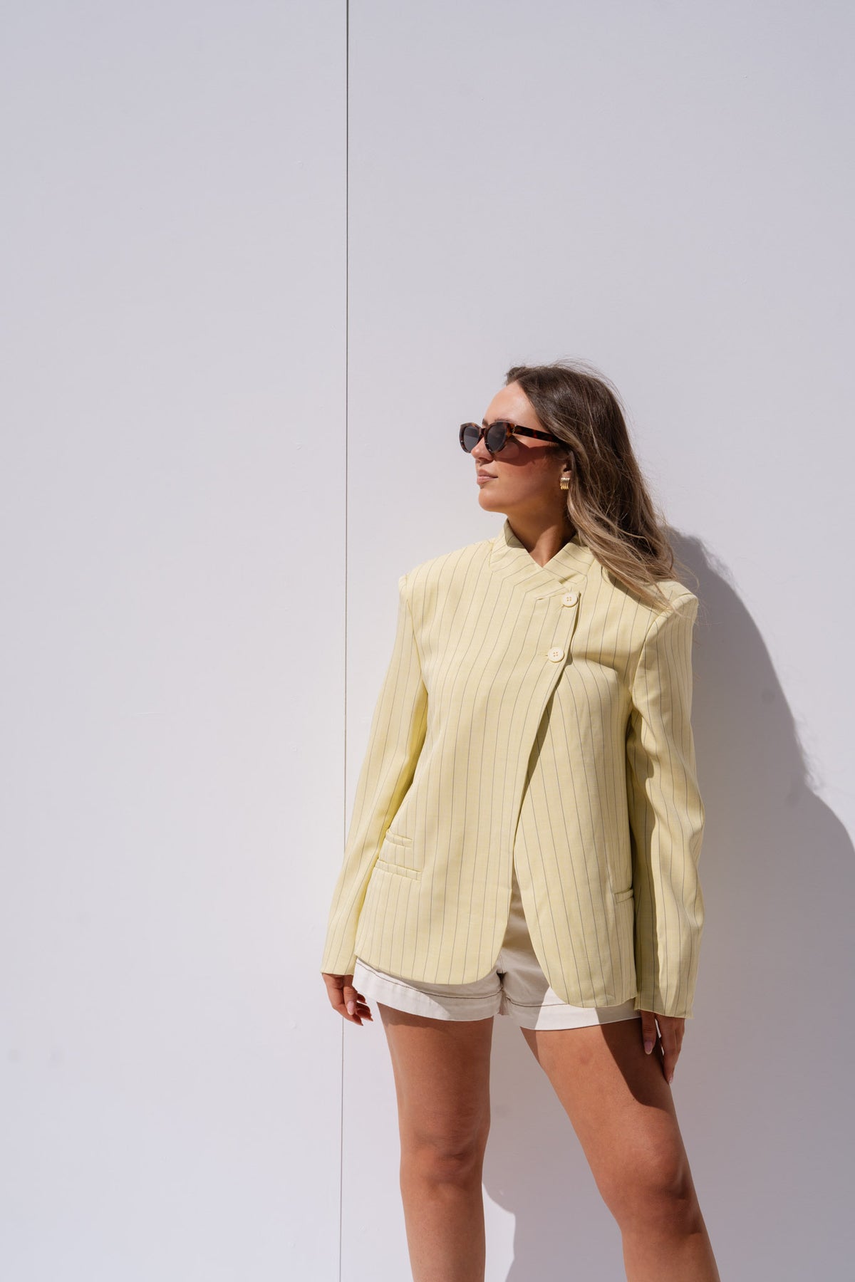 Iris High Collar Pinstripe Blazer In Yellow