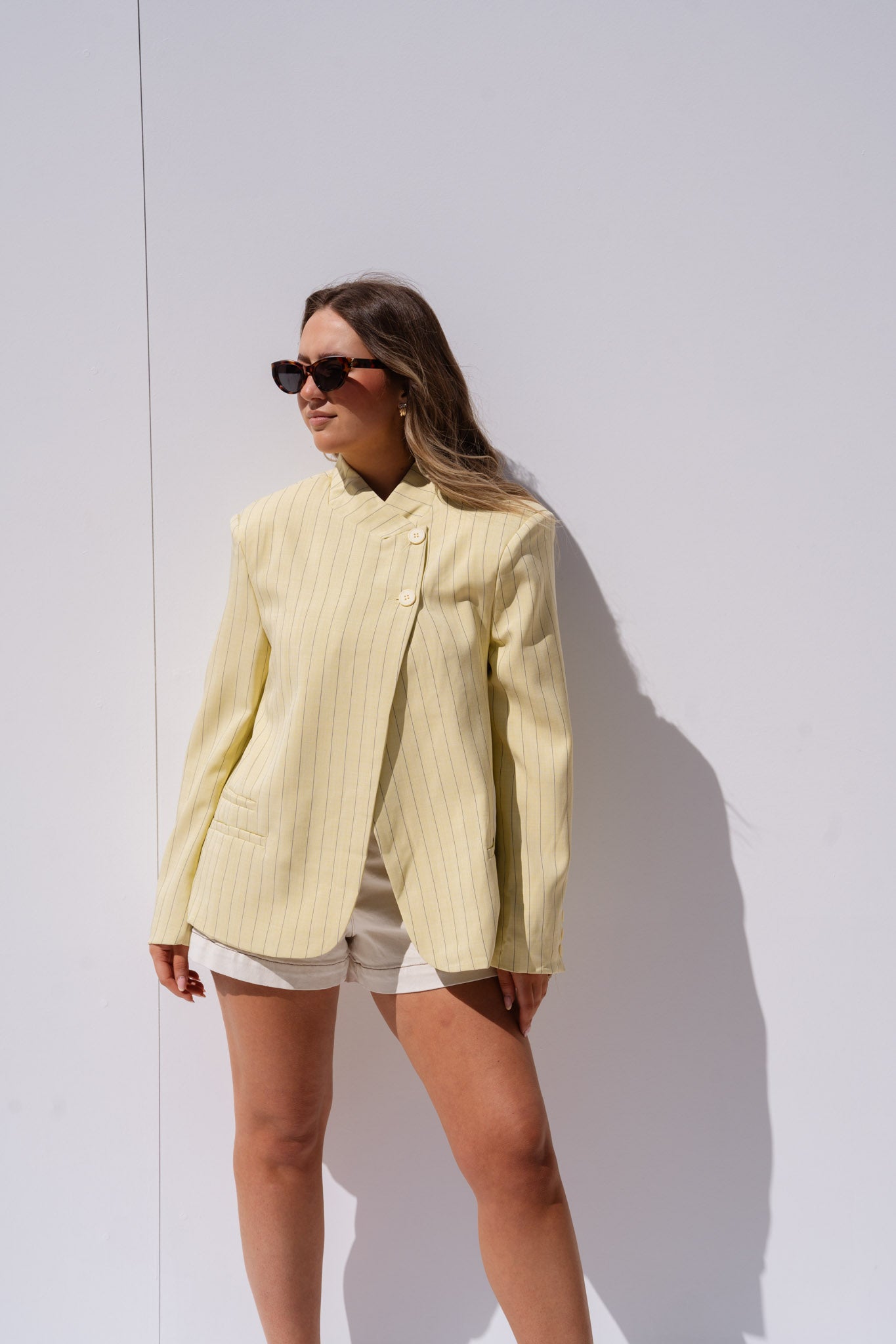 Iris High Collar Pinstripe Blazer In Yellow
