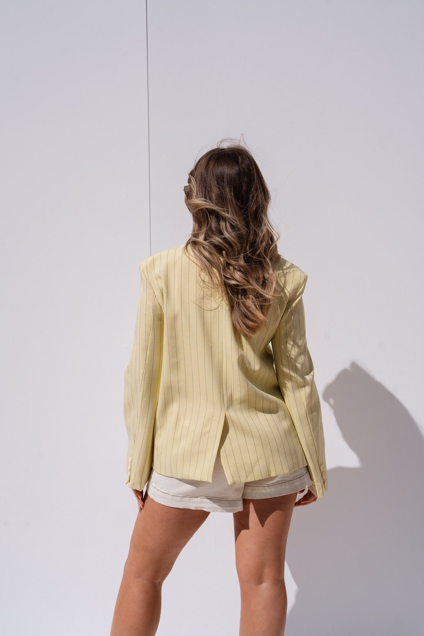 Iris High Collar Pinstripe Blazer In Yellow