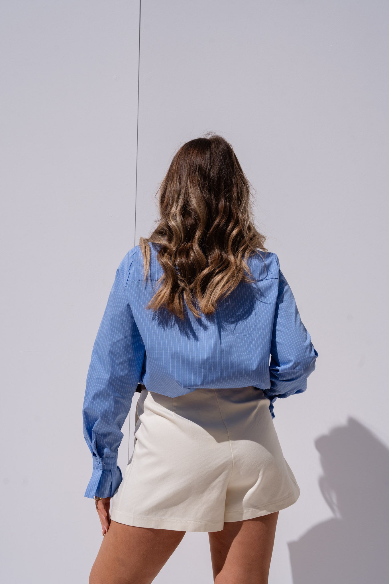 Iris High Neck Pinstripe Shirt In Blue