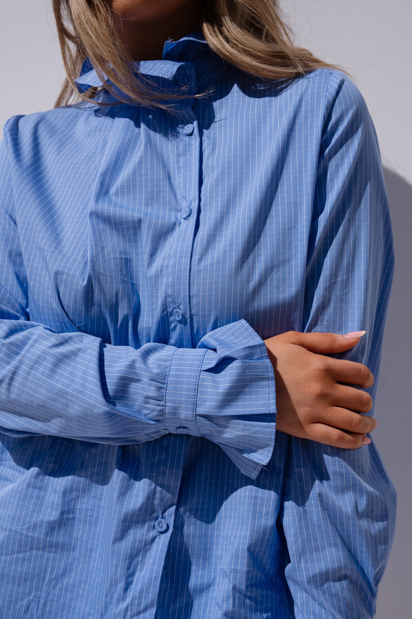 Iris High Neck Pinstripe Shirt In Blue