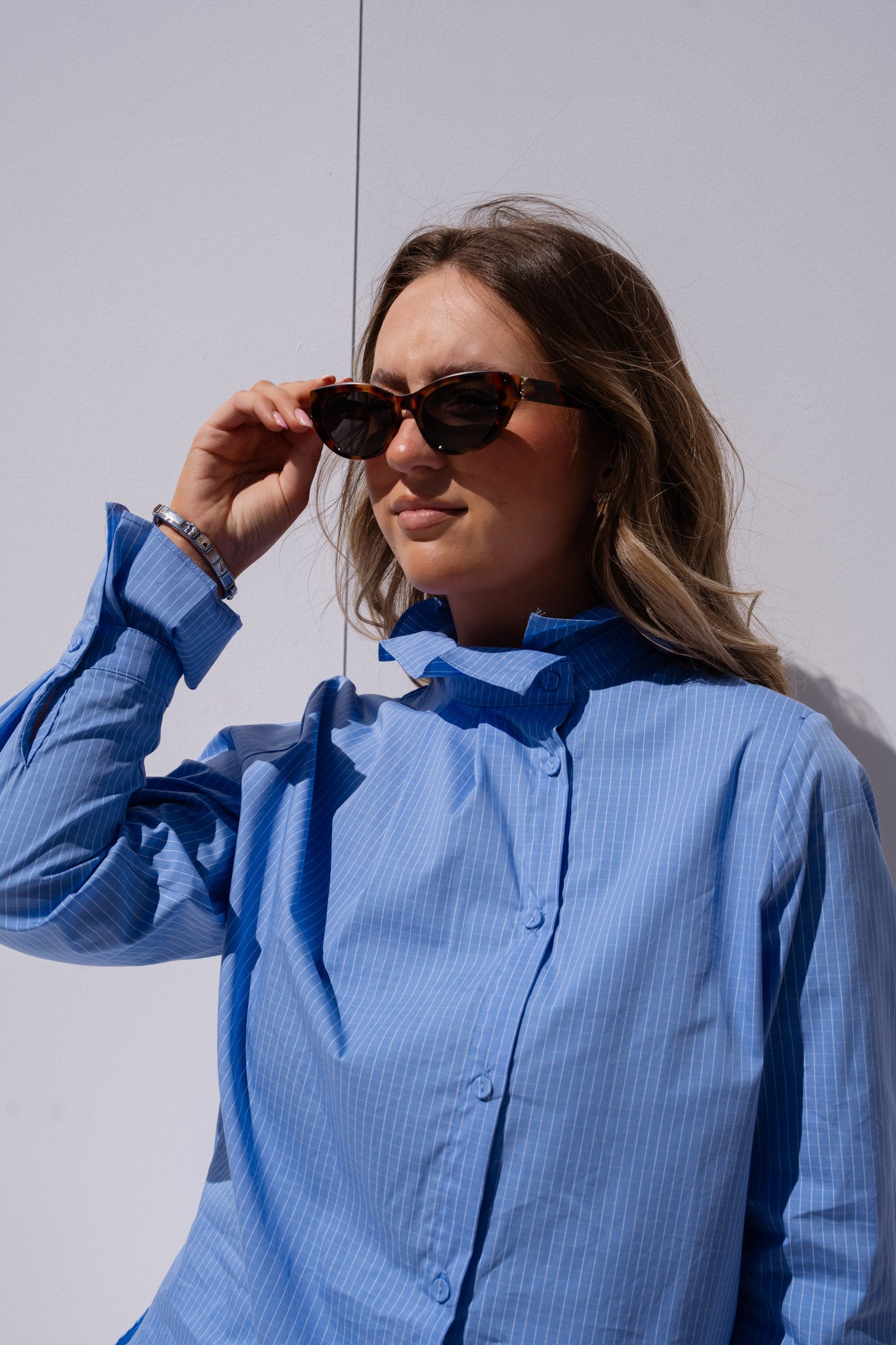 Iris High Neck Pinstripe Shirt In Blue