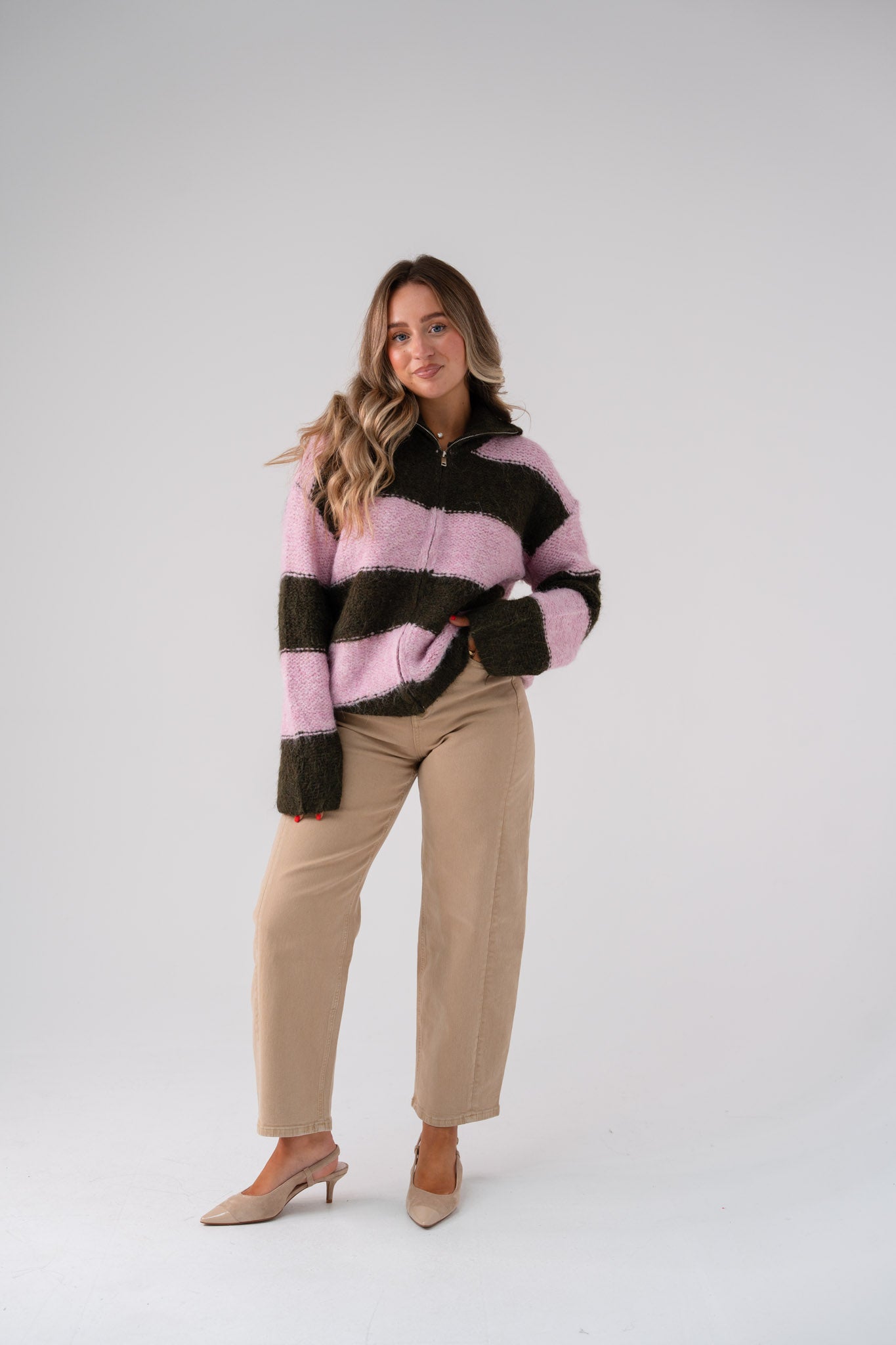 Iris Zip Cardigan In Pink & Khaki