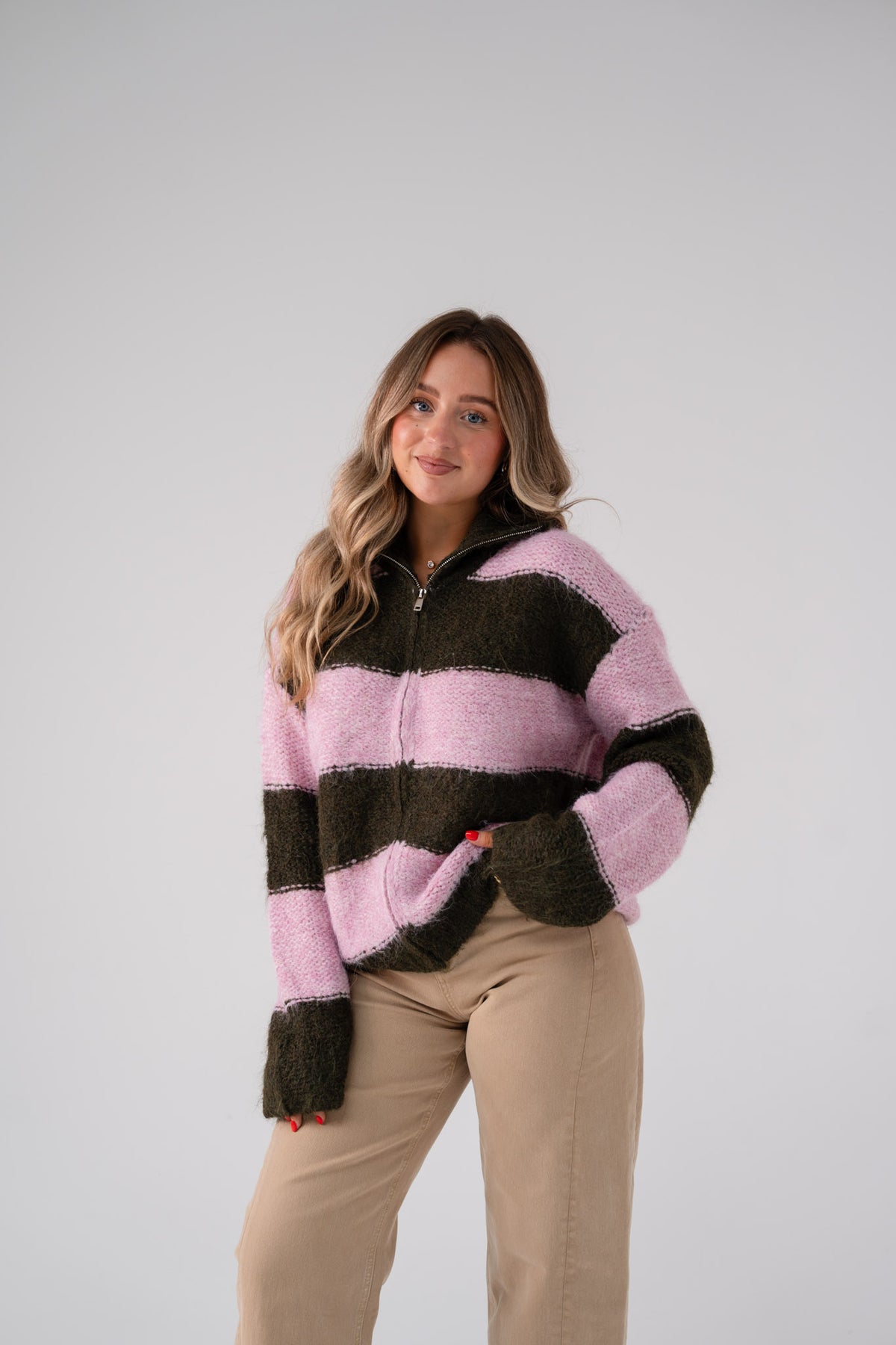 Iris Zip Cardigan In Pink & Khaki