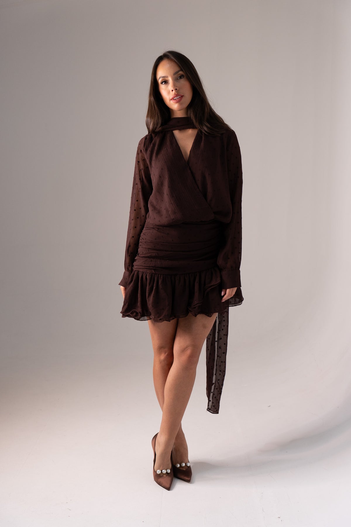 Iris Polka Dot Wrap Dress In Chocolate