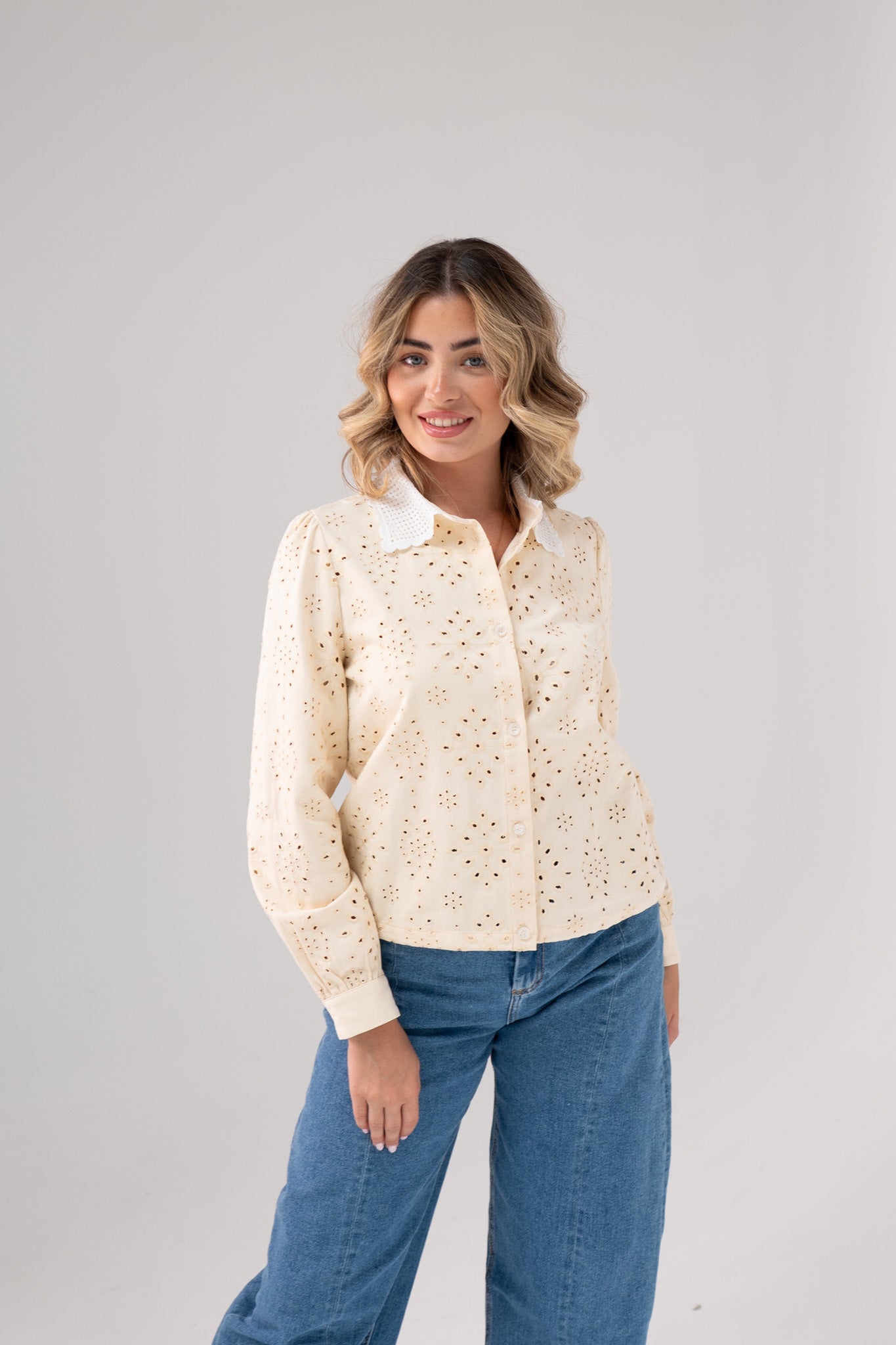 Jasmine Cut Out Floral Blouse In Cream