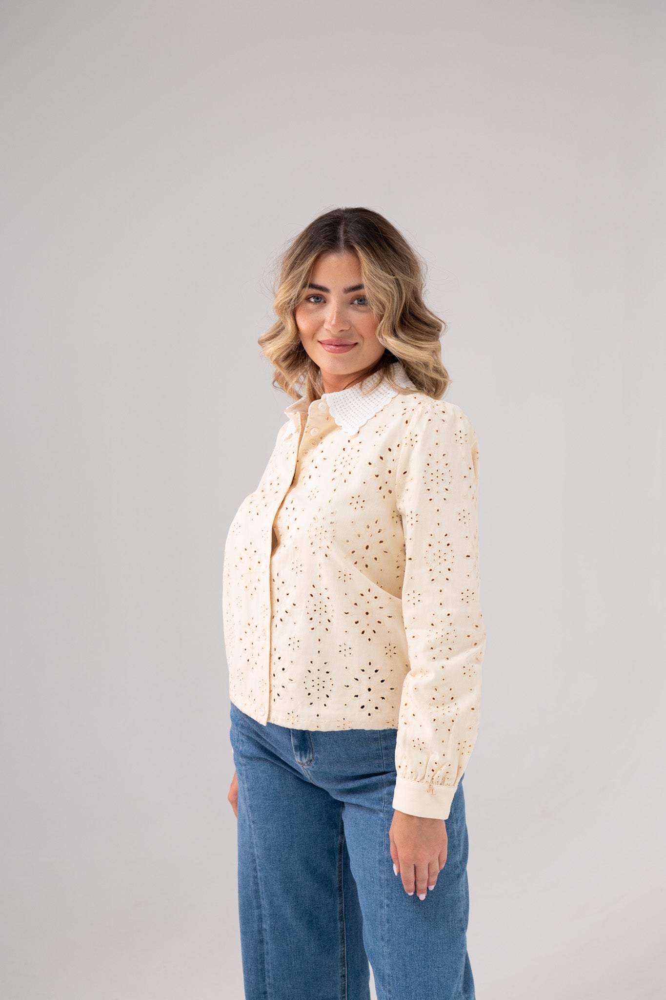 Jasmine Cut Out Floral Blouse In Cream