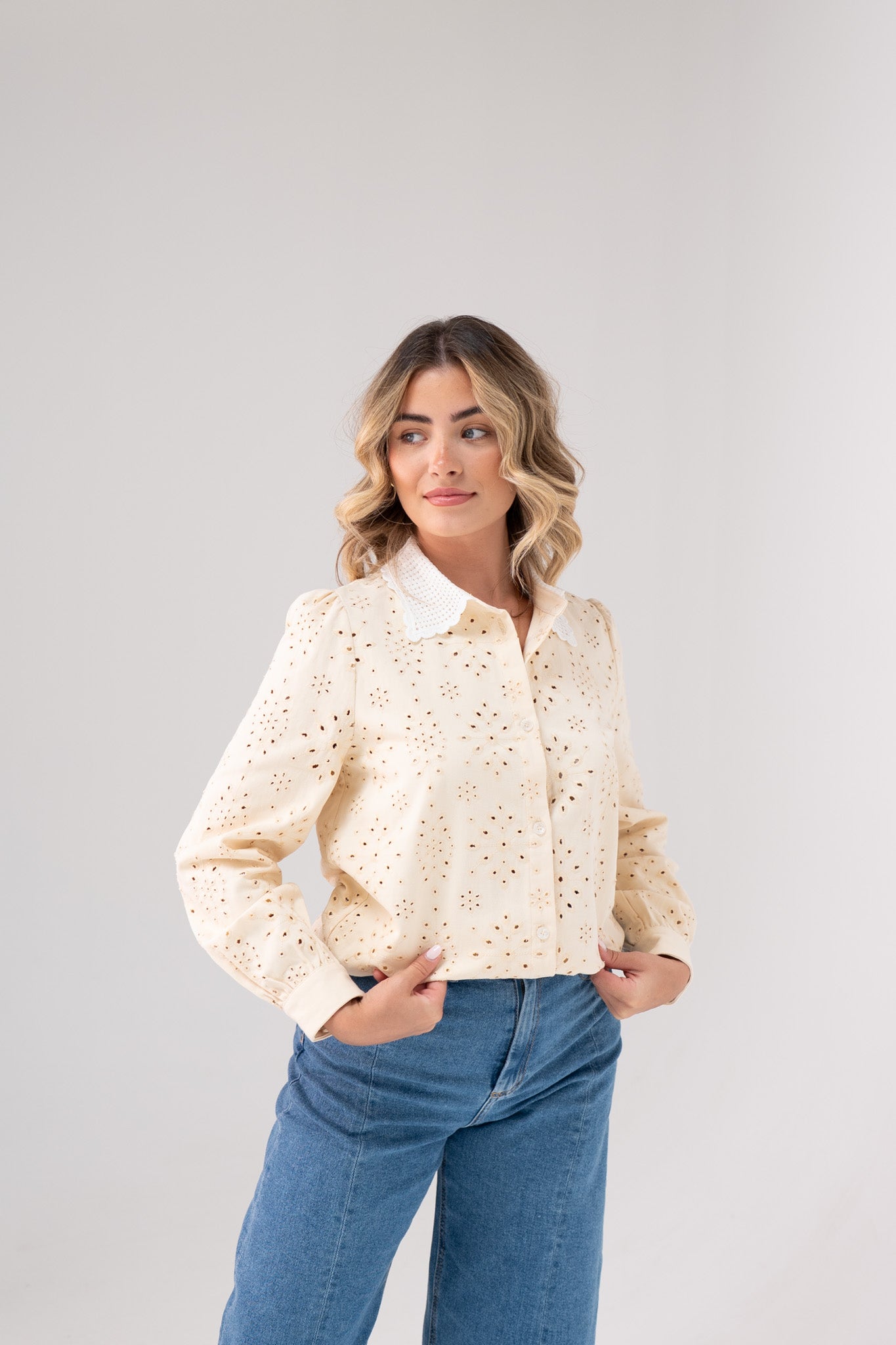 Jasmine Cut Out Floral Blouse In Cream