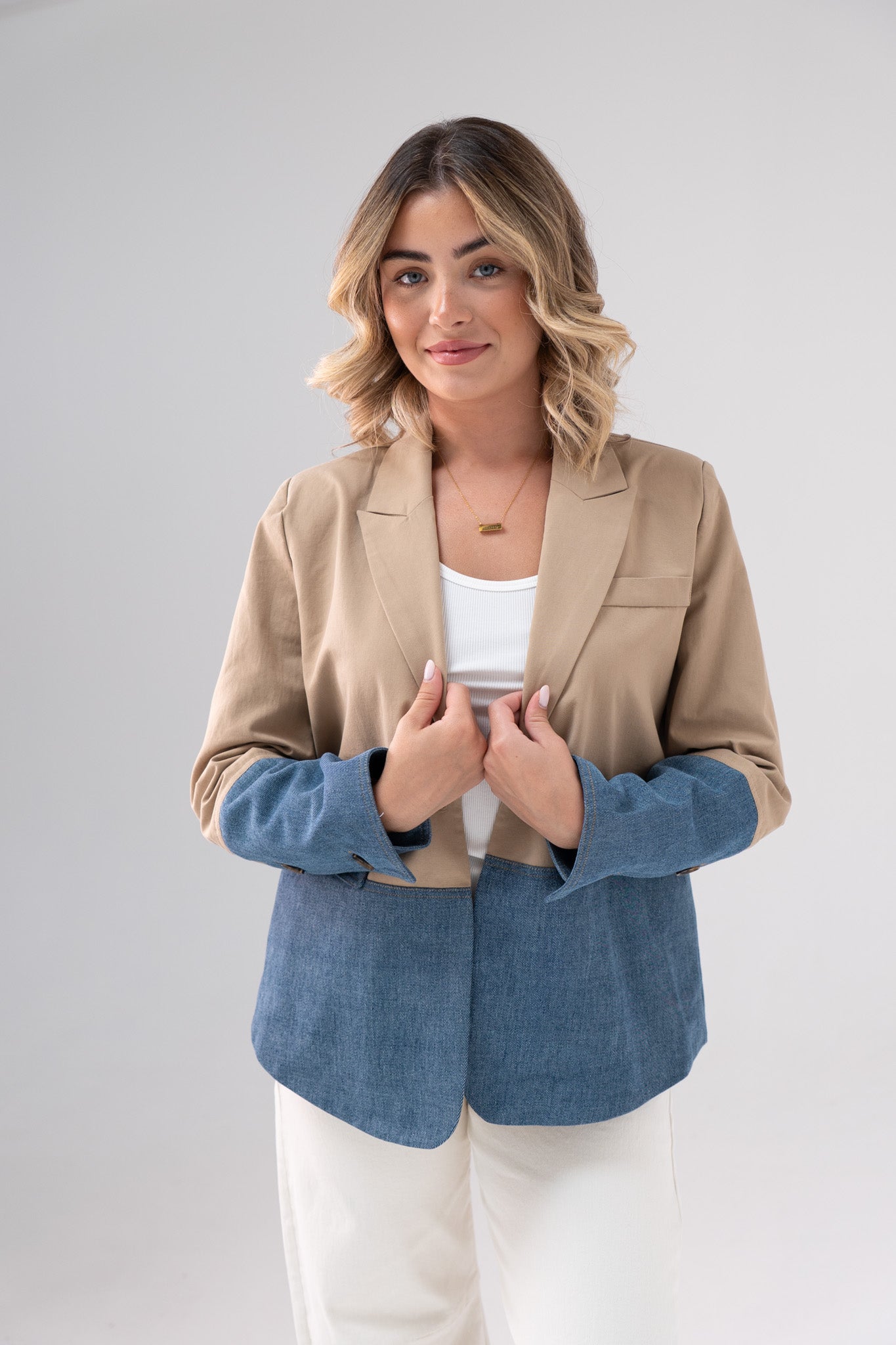 Jasmine Denim Contrast Blazer In Beige
