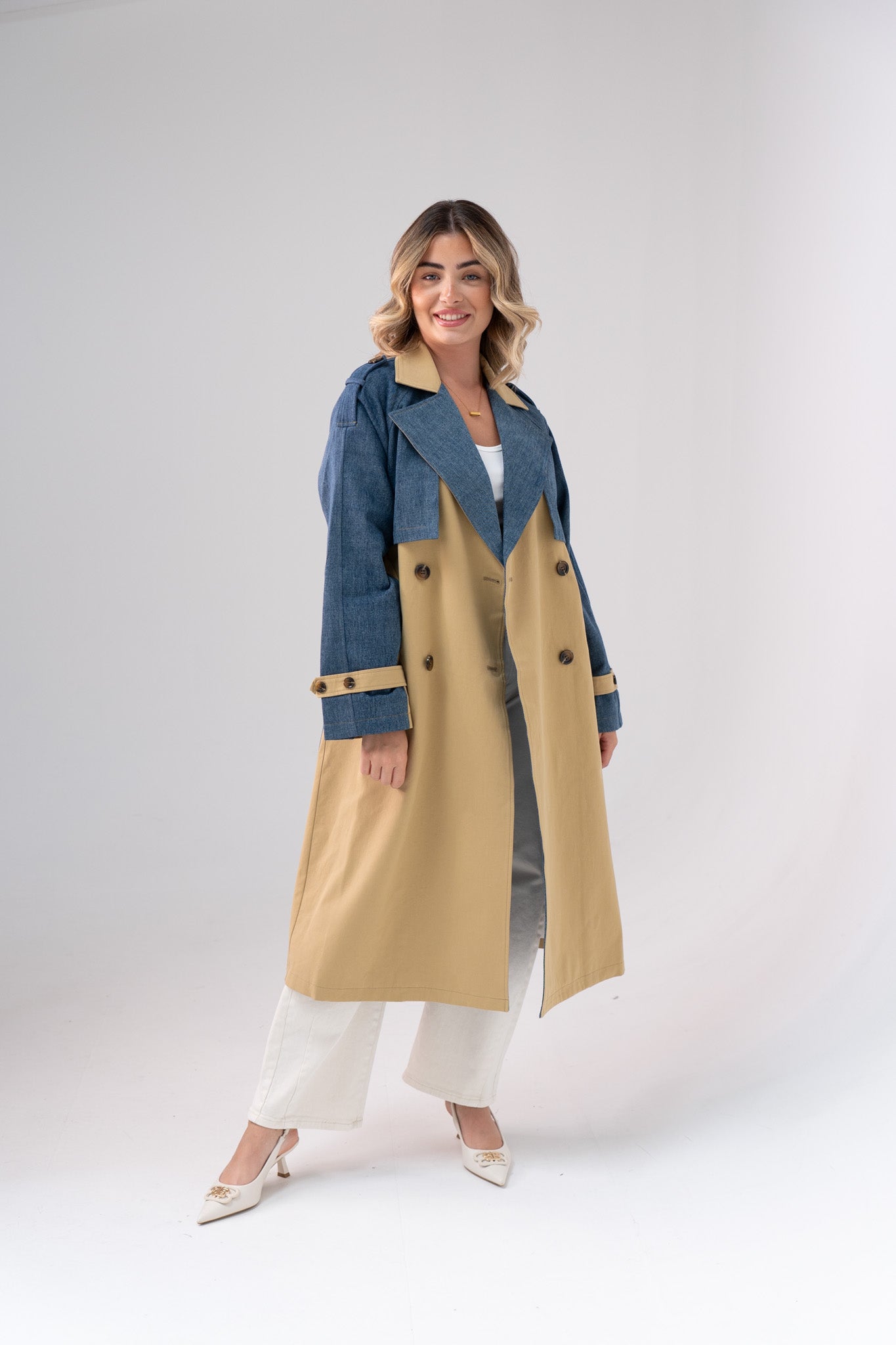 Jasmine Denim Contrast Trench Coat In Beige