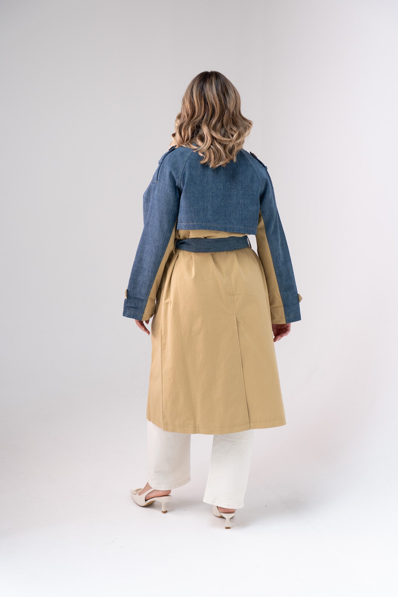 Jasmine Denim Contrast Trench Coat In Beige