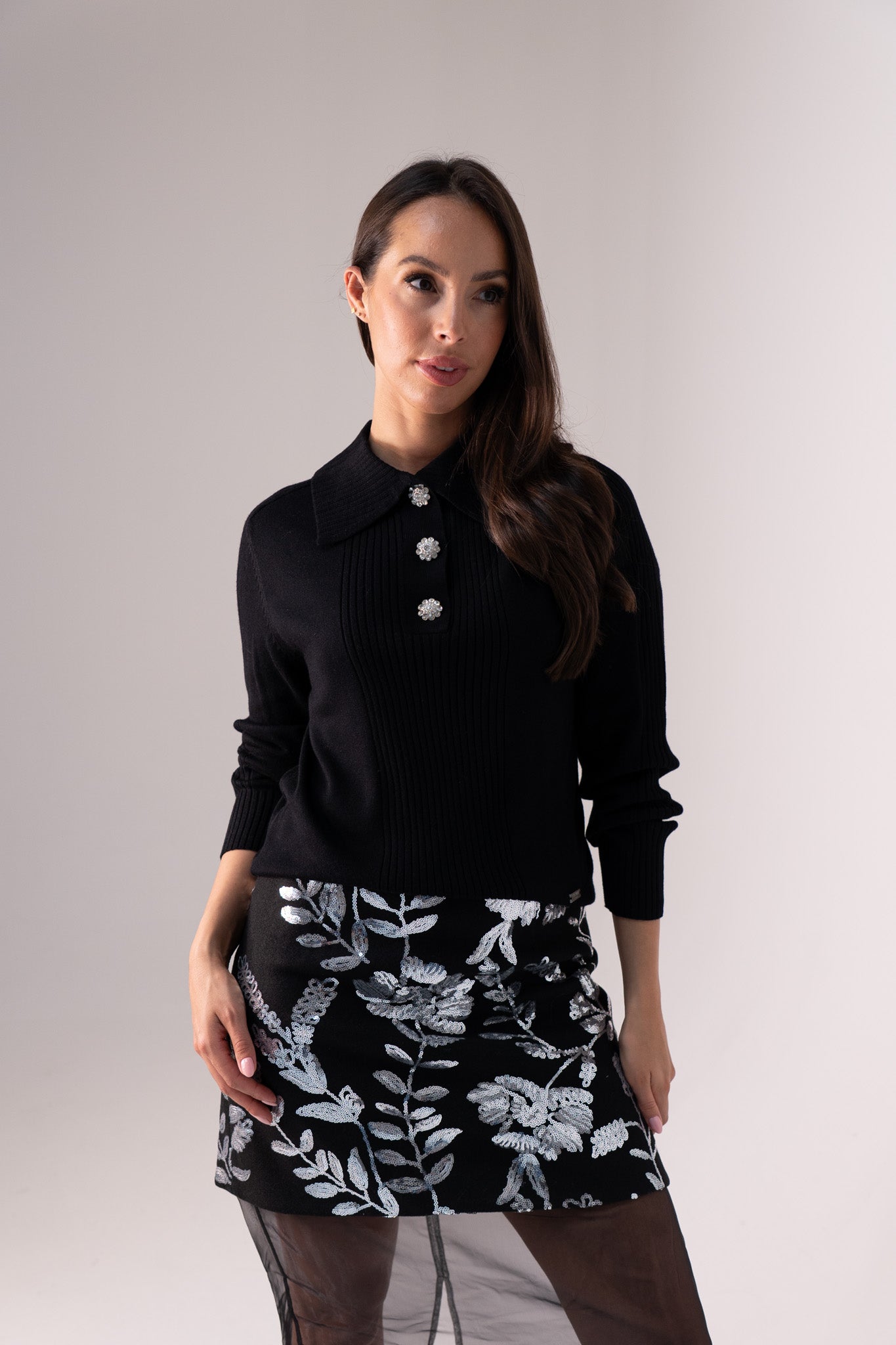 Jasmine Embellished Button Jumper In Black
