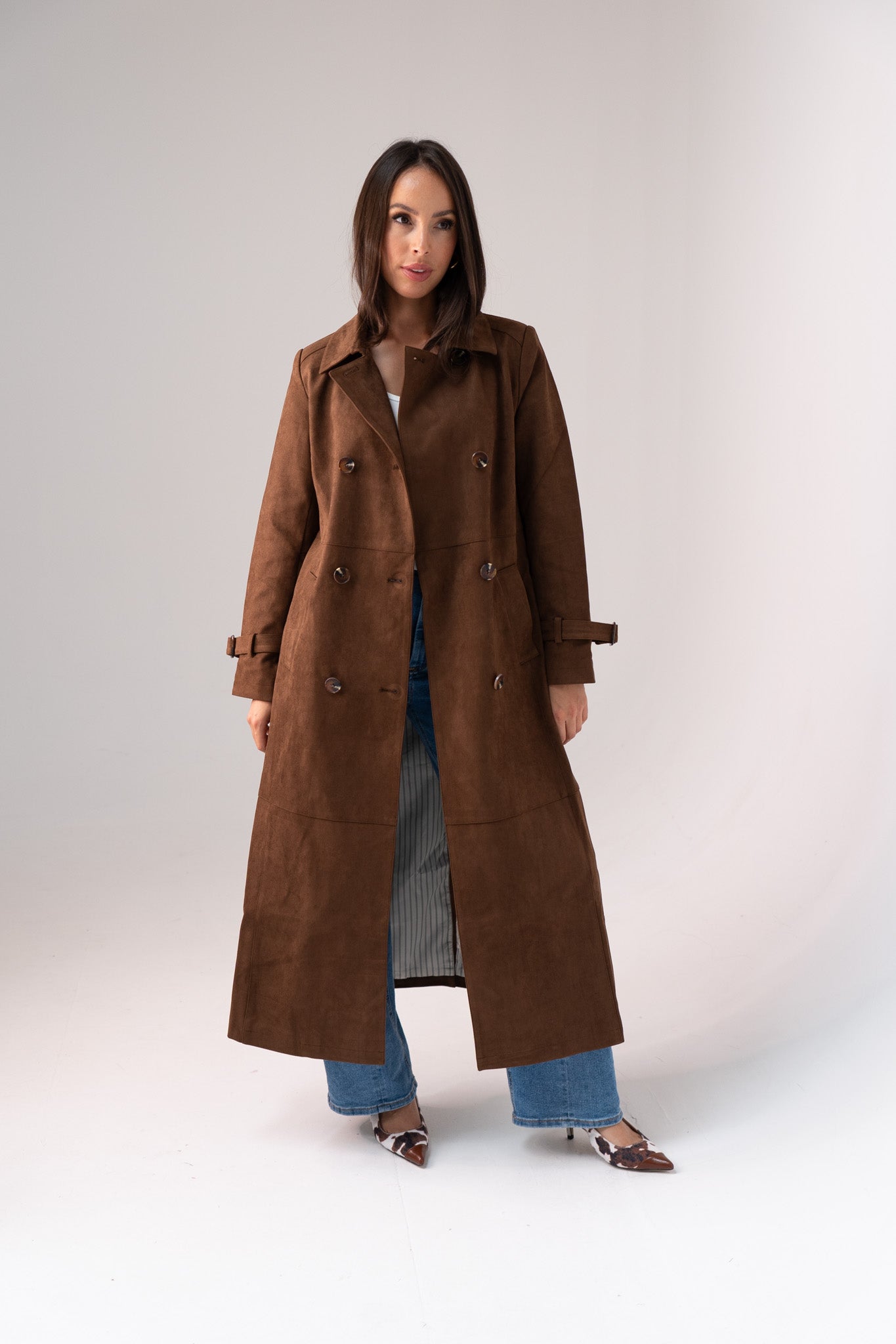 Jasmine Faux Suede Trench Coat In Chocolate