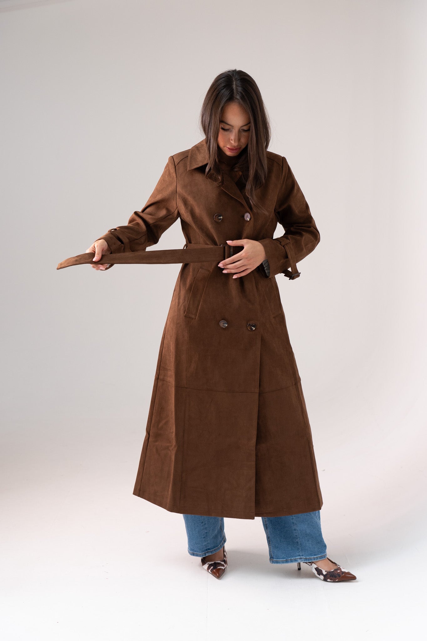 Jasmine Faux Suede Trench Coat In Chocolate