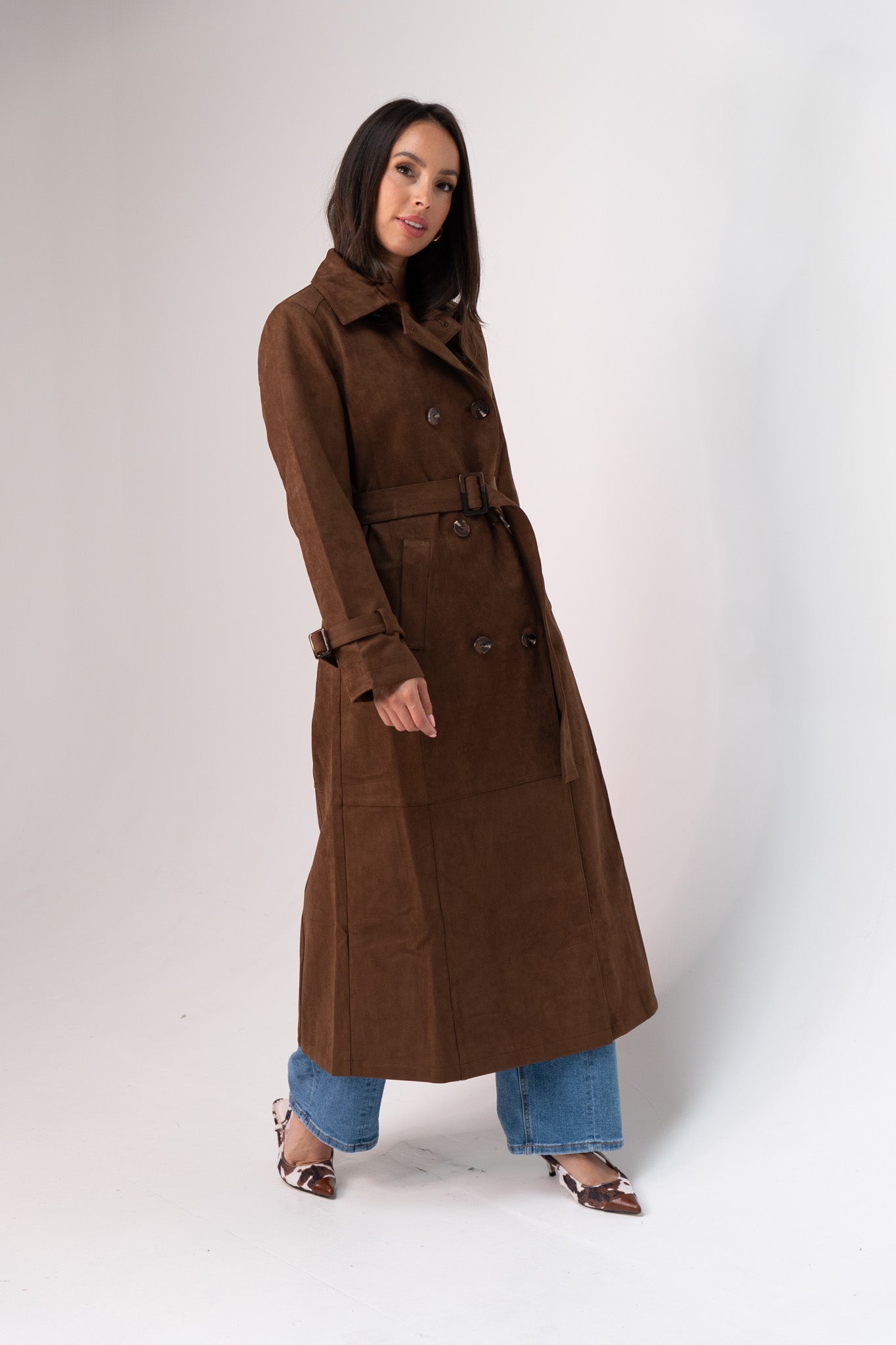 Jasmine Faux Suede Trench Coat In Chocolate
