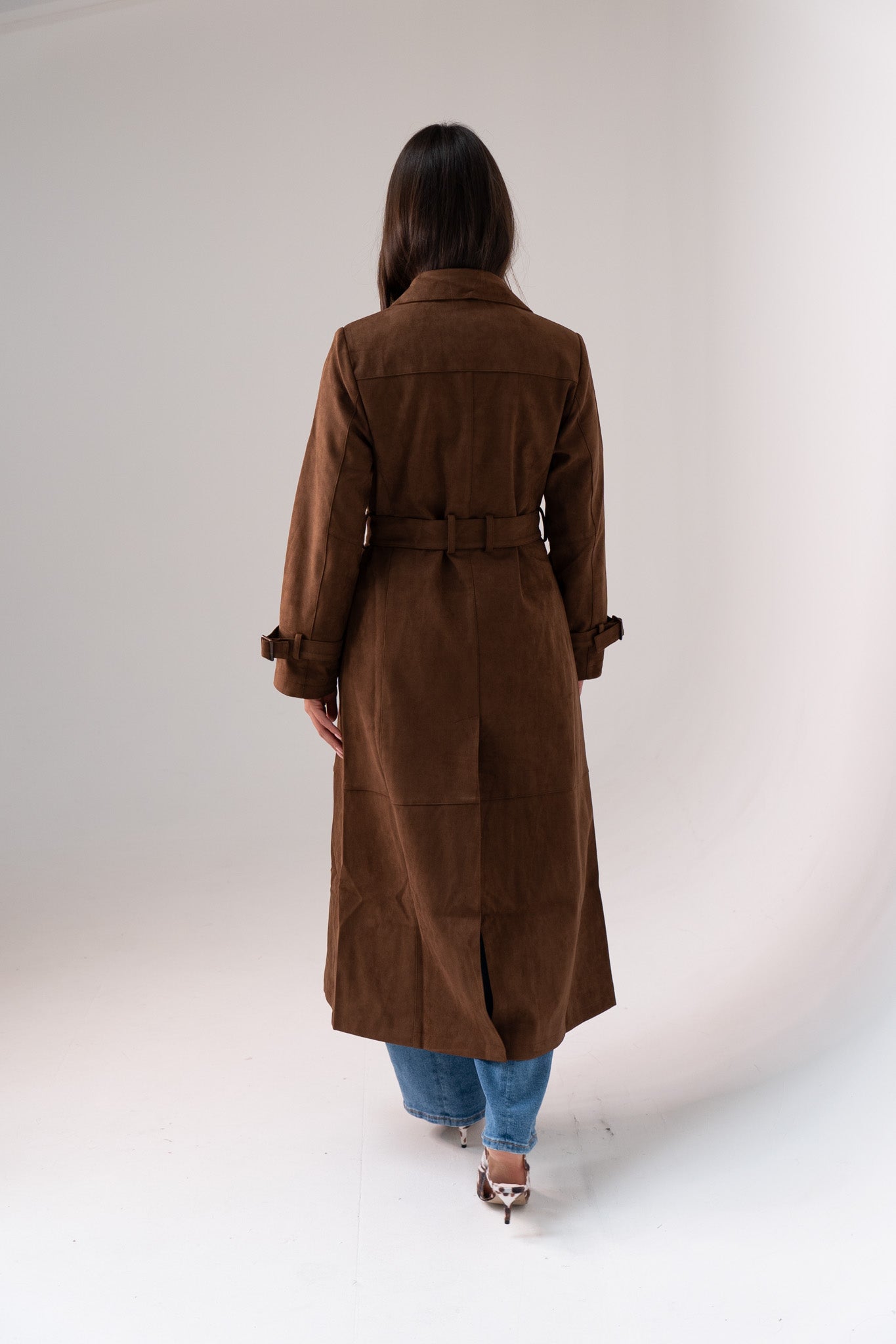 Jasmine Faux Suede Trench Coat In Chocolate