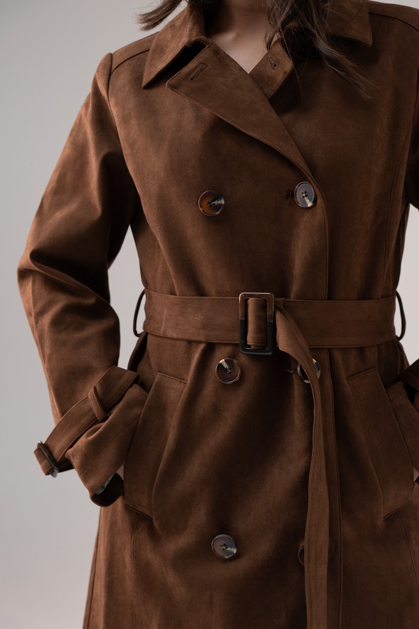 Jasmine Faux Suede Trench Coat In Chocolate