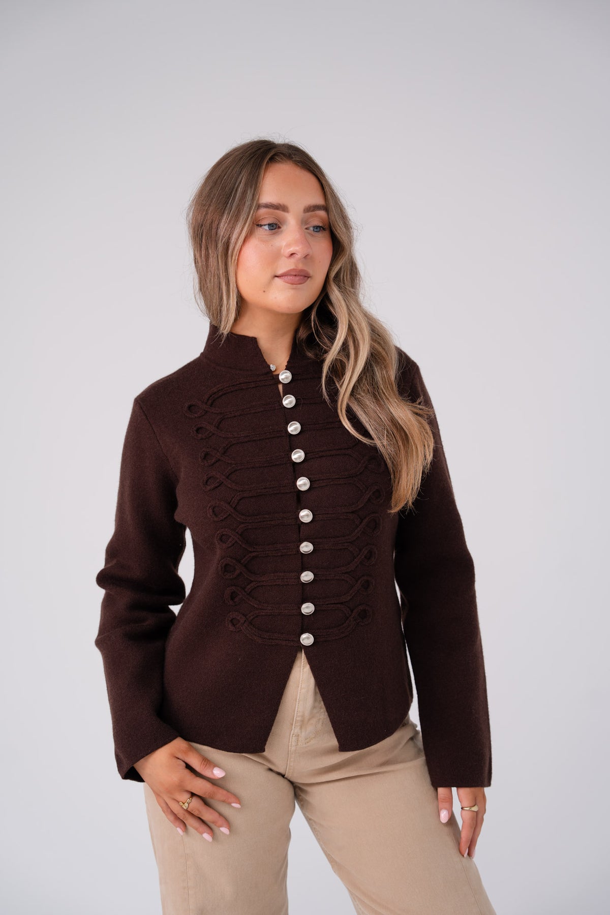Kendra Military Style Cardigan In Chocolate