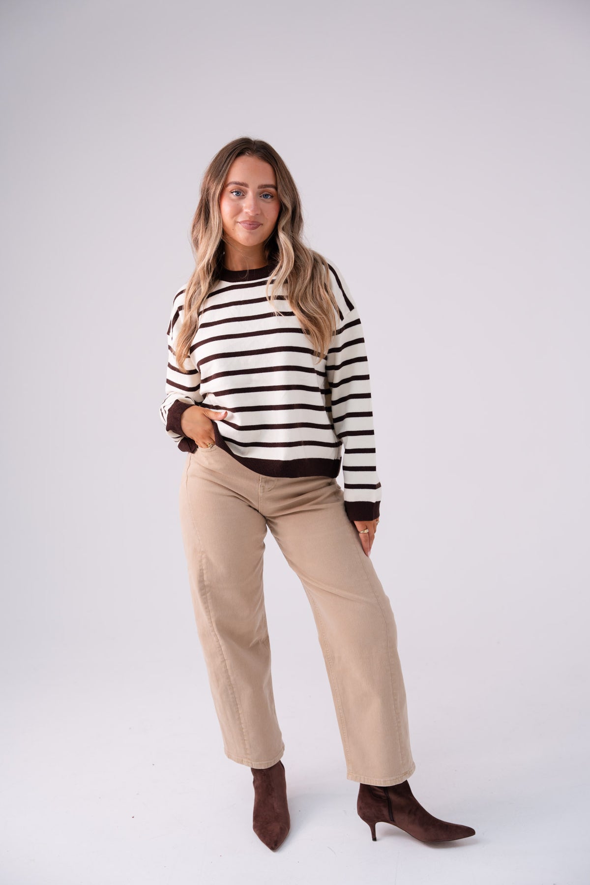 Kendra Stripe Crossover Jumper In Chocolate