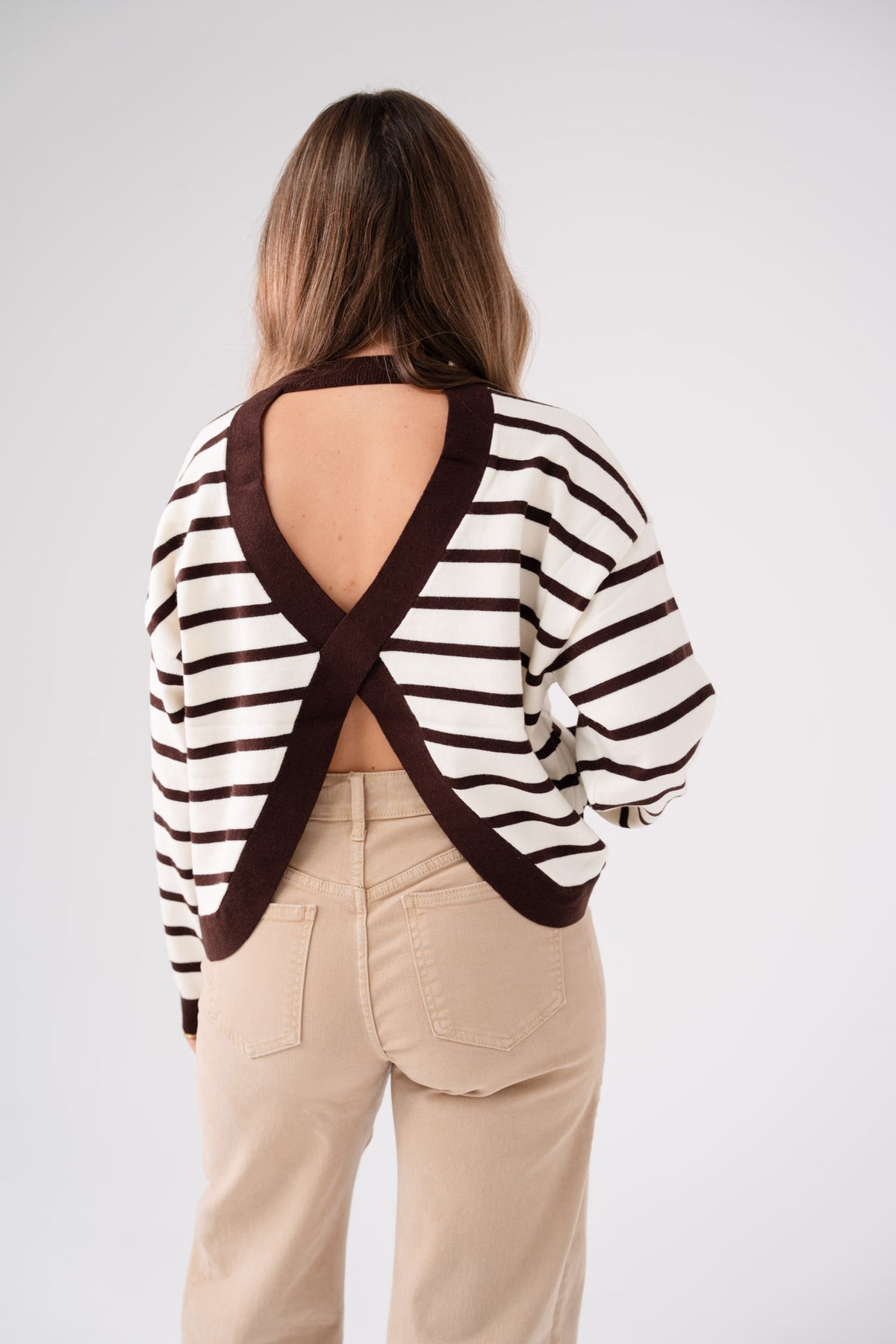 Kendra Stripe Crossover Jumper In Chocolate