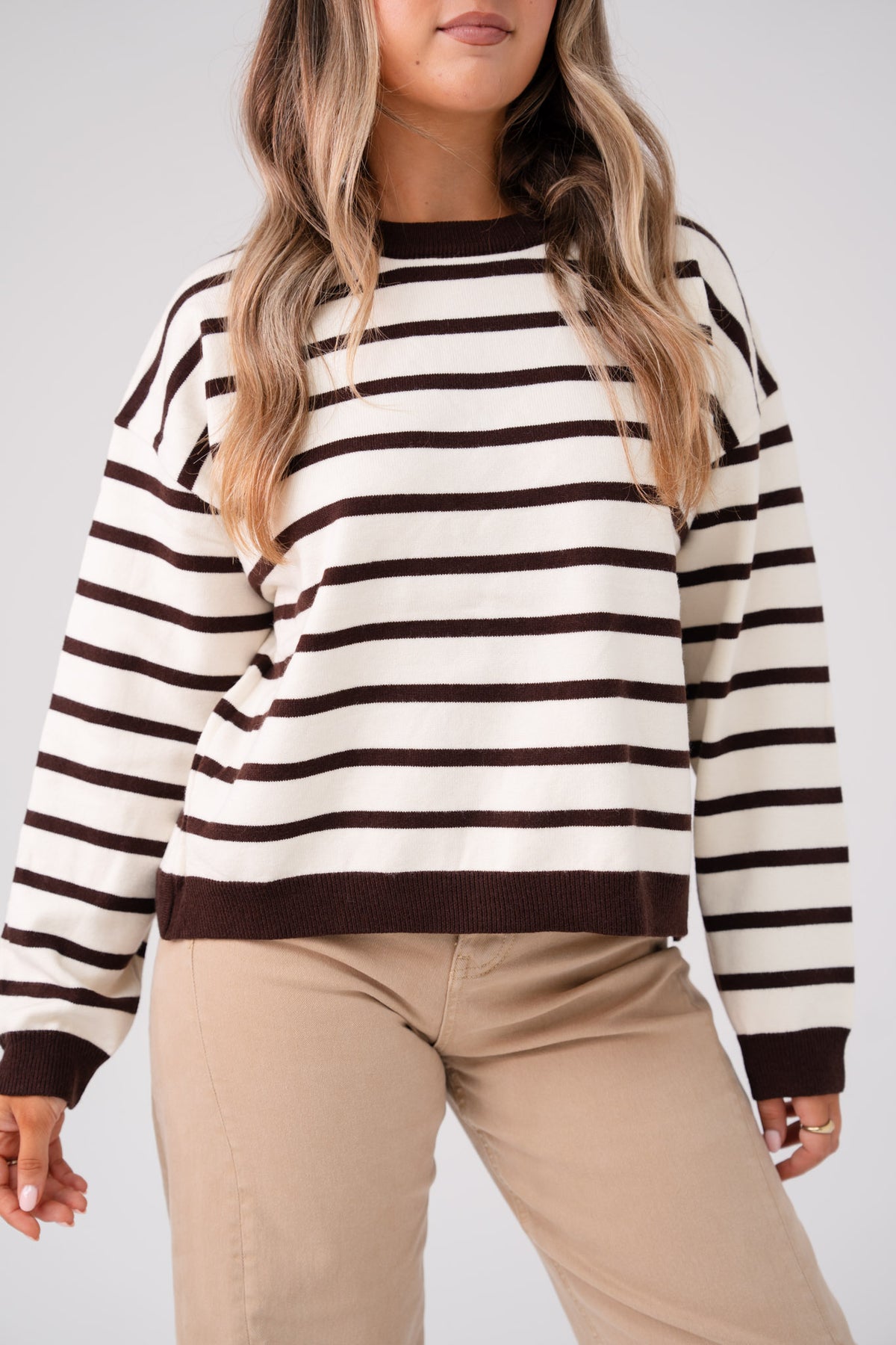 Kendra Stripe Crossover Jumper In Chocolate
