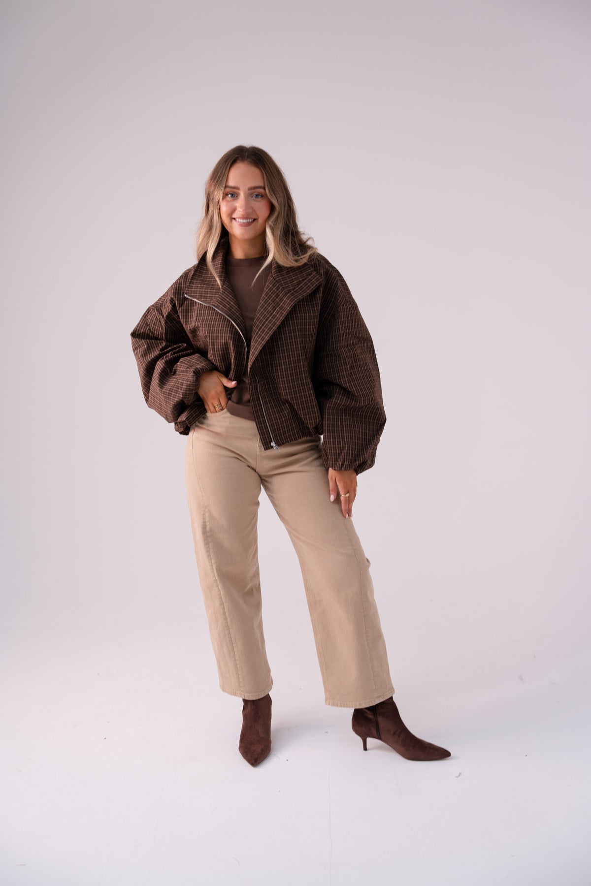 Kate Check Bomber Jacket In Chocolate