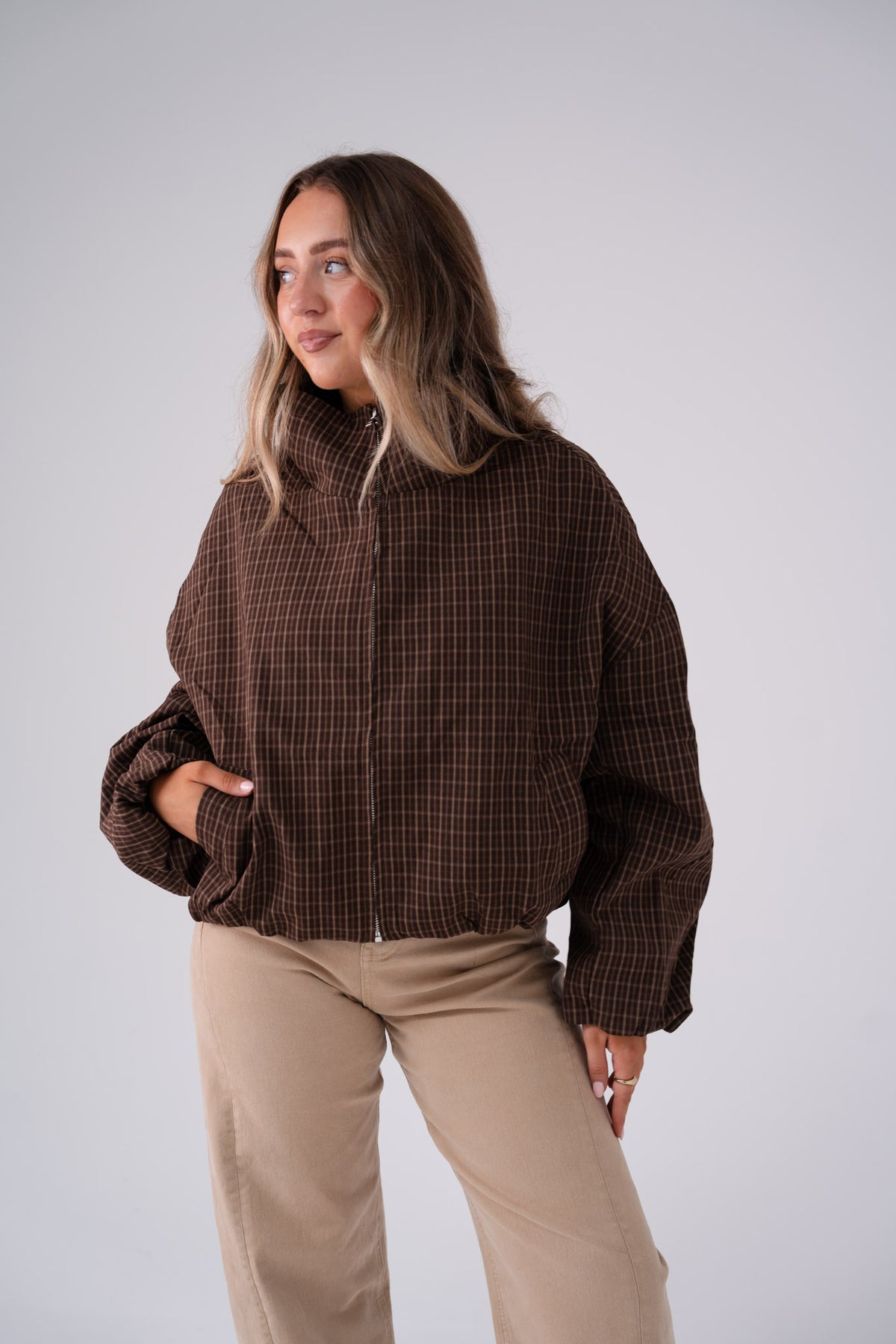 Kate Check Bomber Jacket In Chocolate