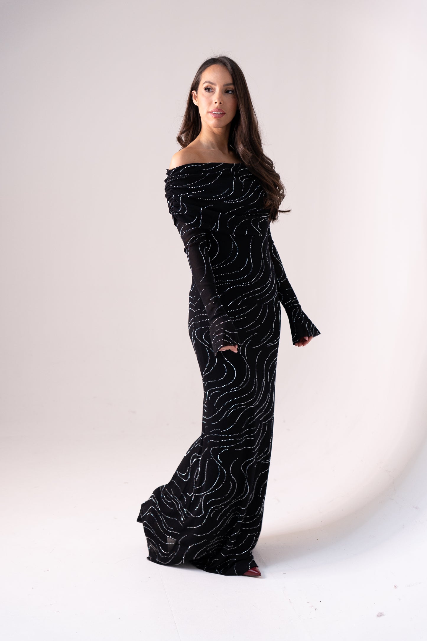 Kate Embellished Bardot Dress In Black