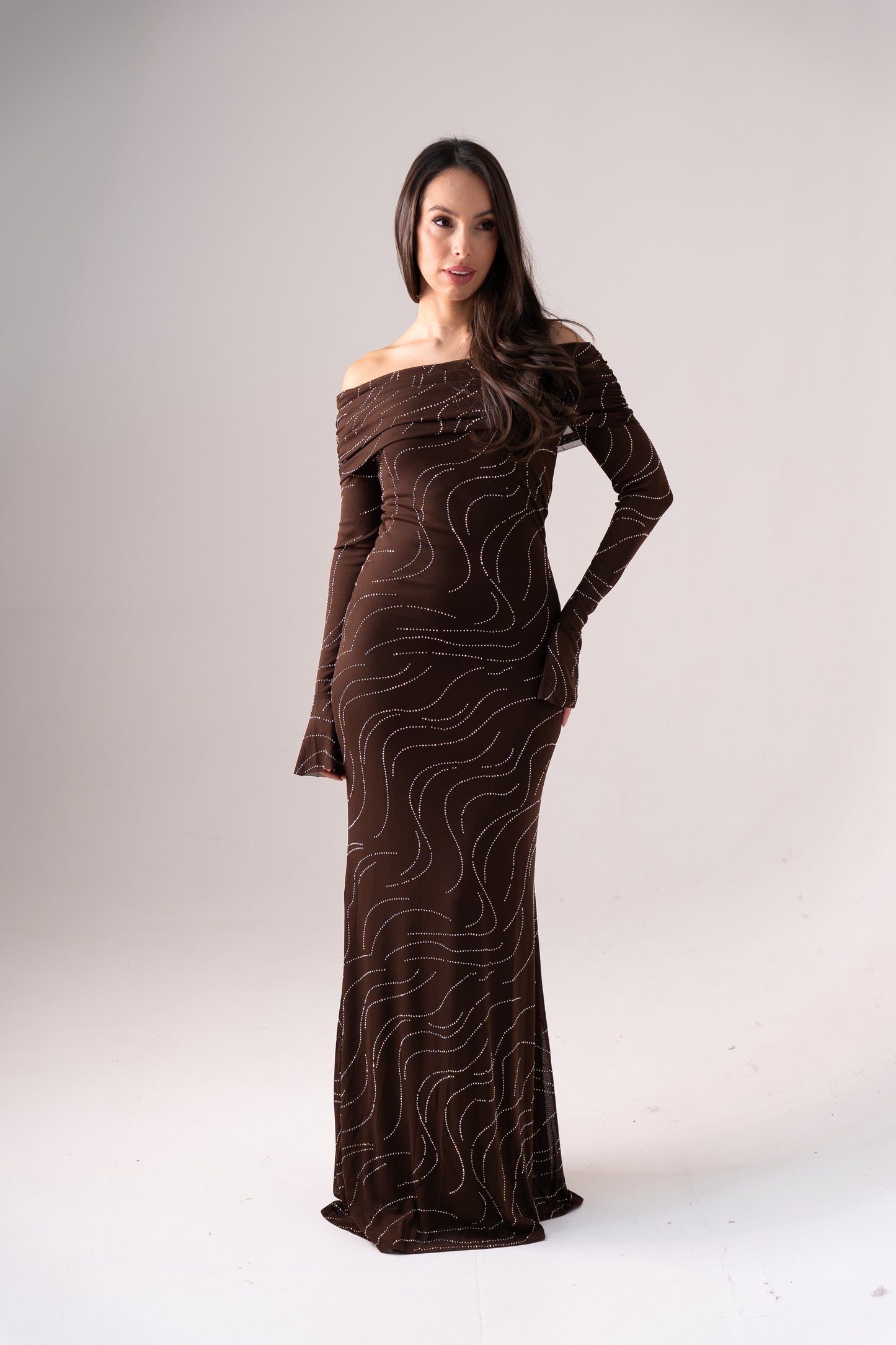 Kate Embellished Bardot Dress In Chocolate