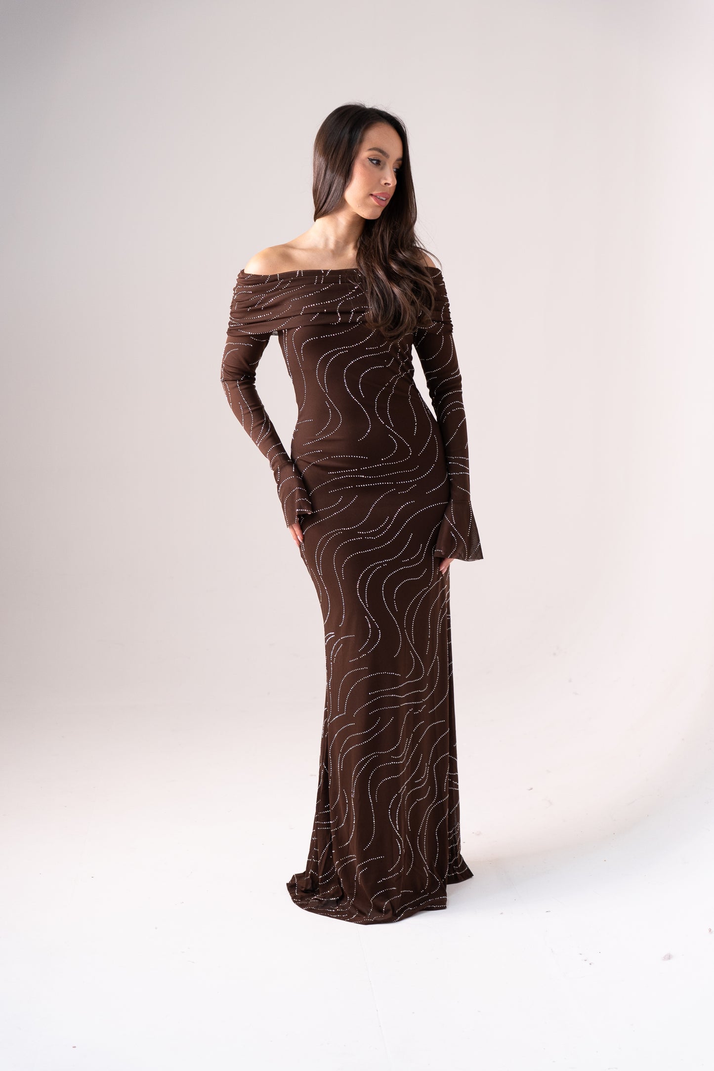 Kate Embellished Bardot Dress In Chocolate