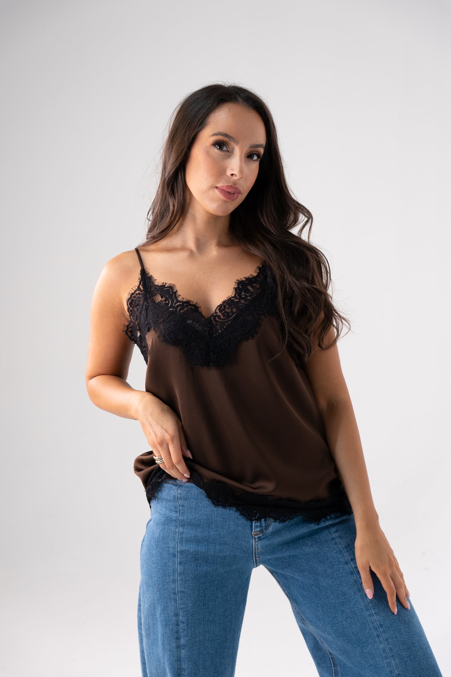Kate Lace Trim Cami In Chocolate