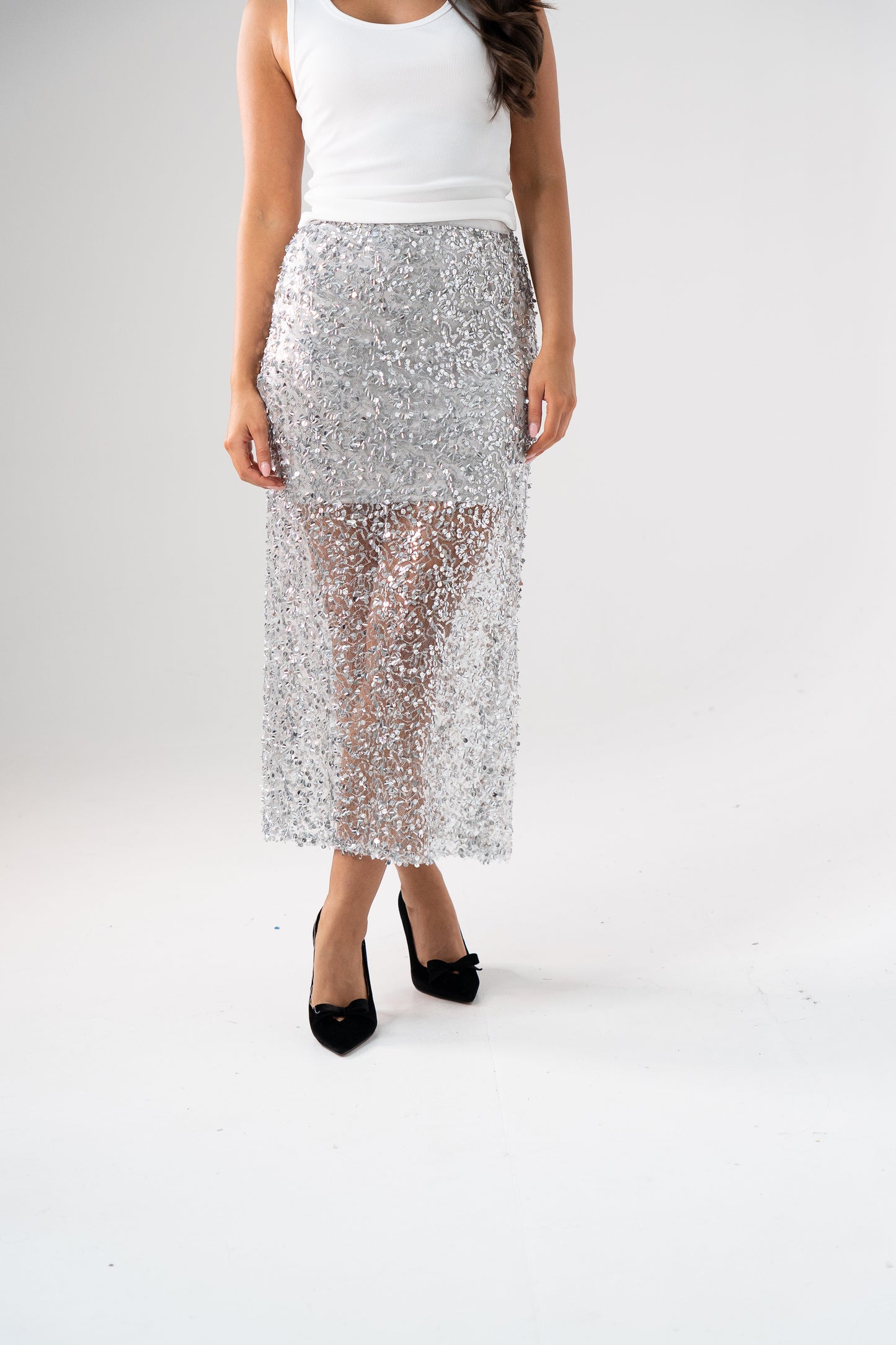 Kate Sequin Midi Skirt In Silver