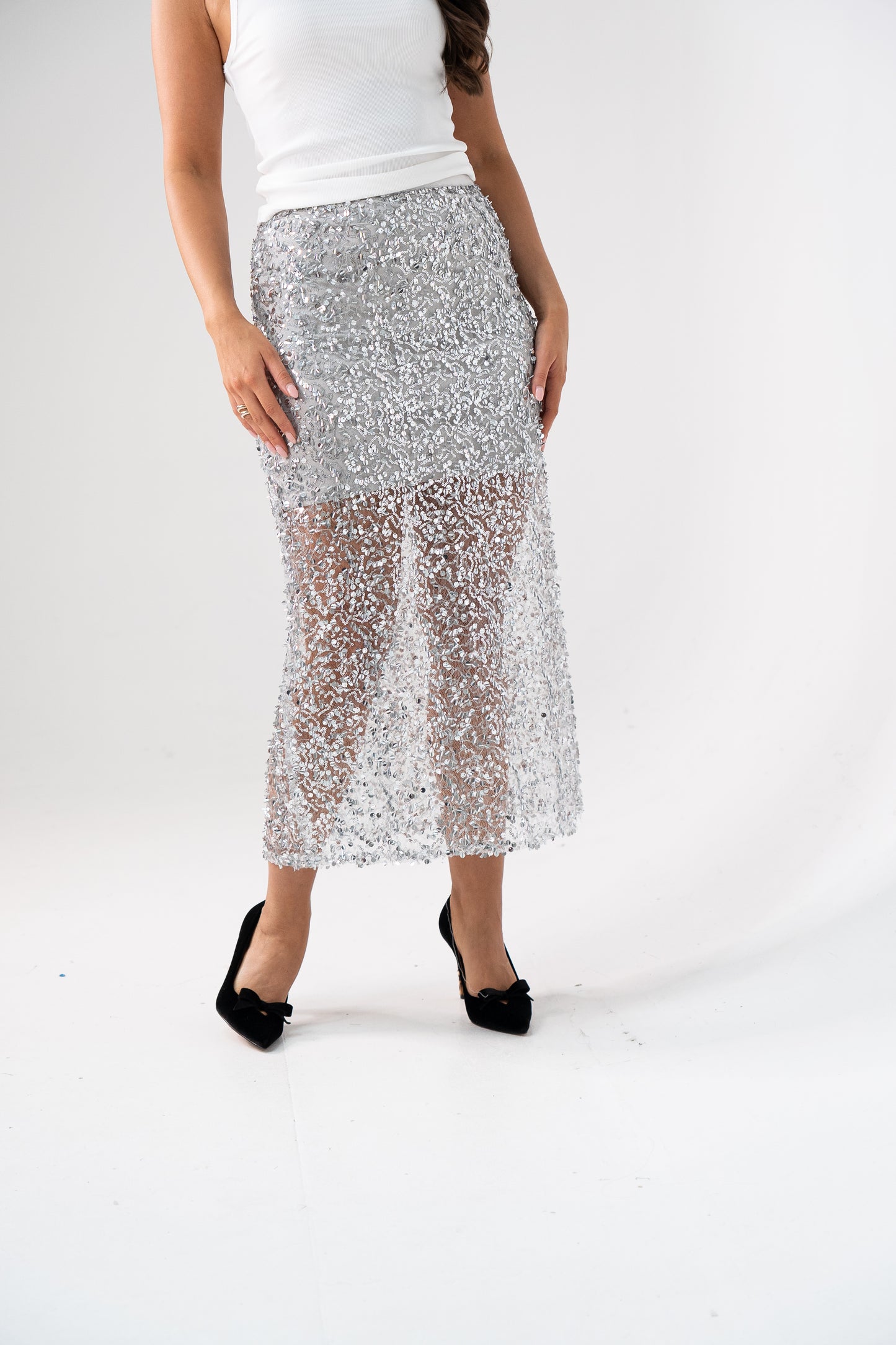 Kate Sequin Midi Skirt In Silver