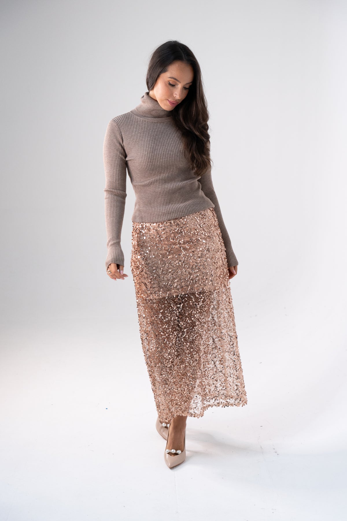 Kate Sequin Midi Skirt In Rose Gold