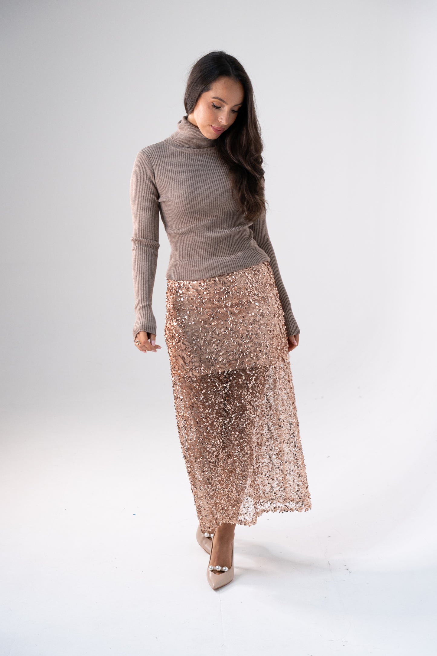 Kate Sequin Midi Skirt In Rose Gold